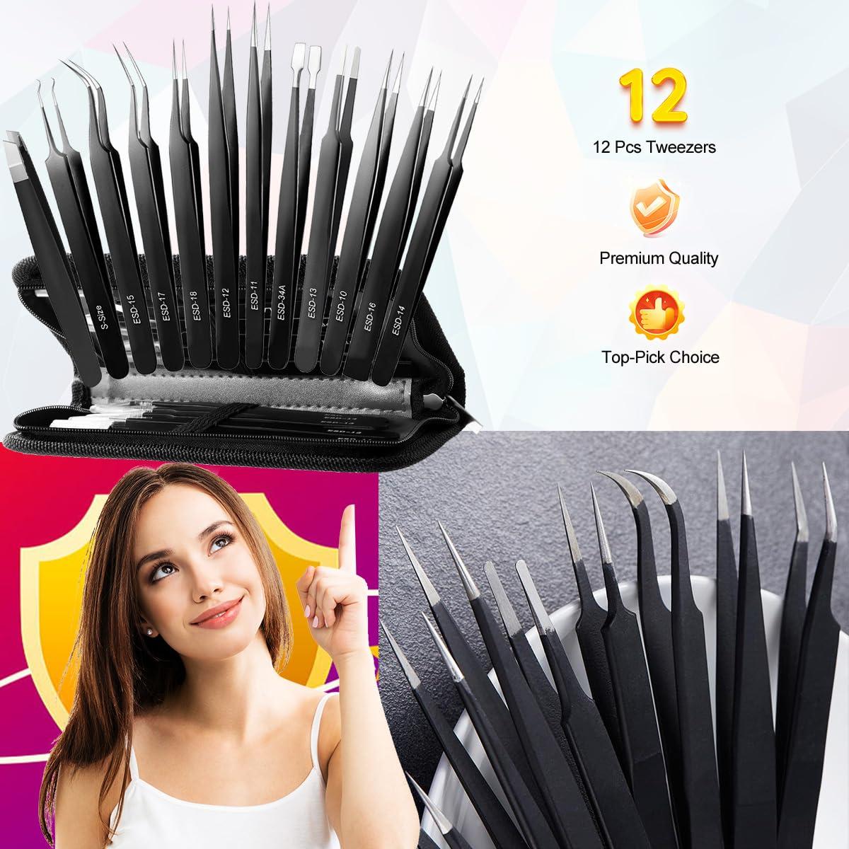 Juego de Pinzas de Precisión Antonki 12 Piezas con Estuche