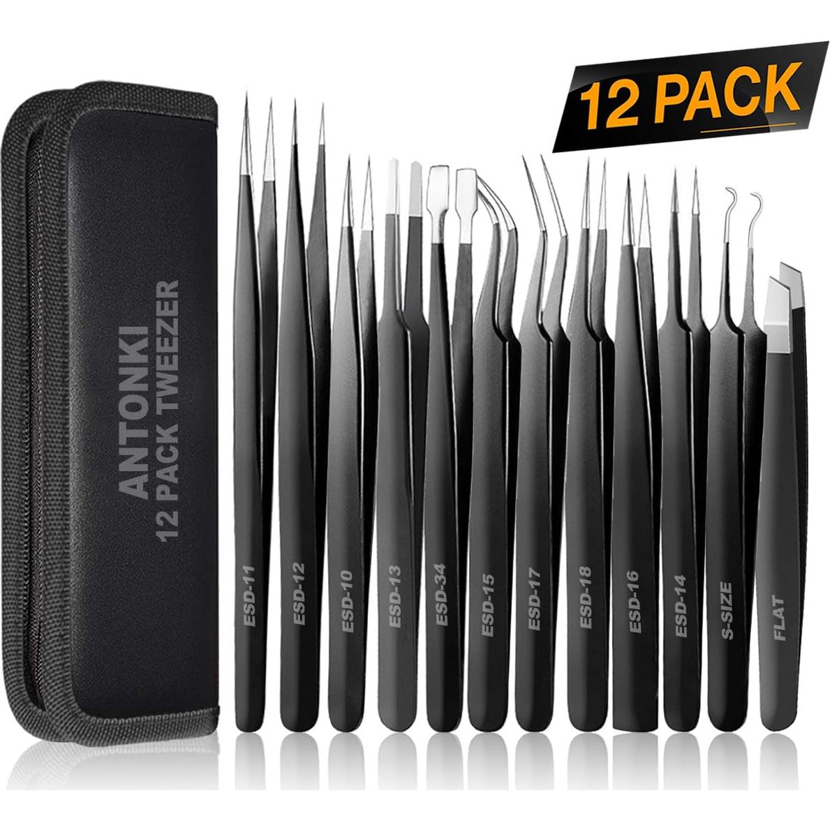 Juego de Pinzas de Precisión Antonki 12 Piezas con Estuche