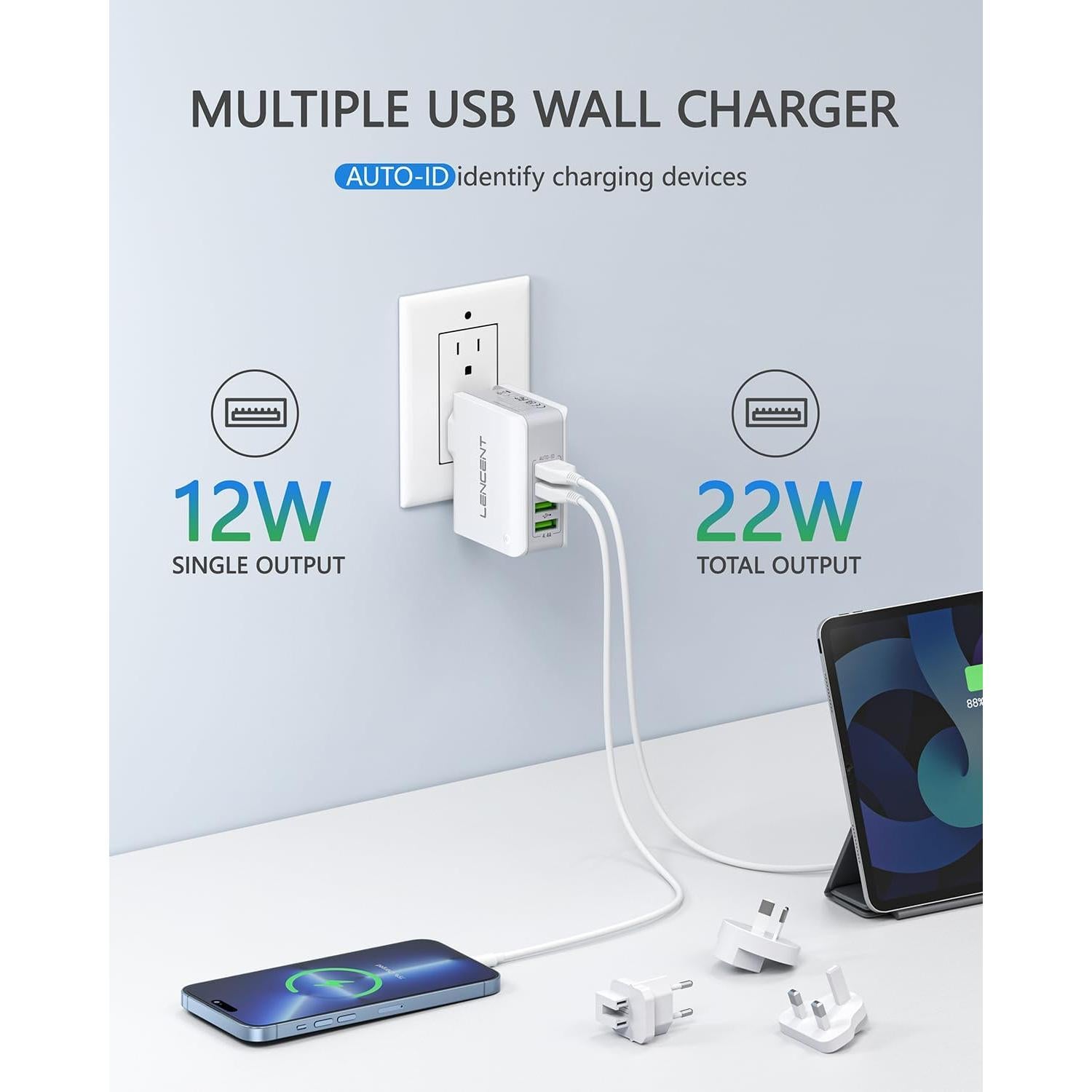 Cargador de Pared USB Múltiple LENCENT 22W 4 Puertos