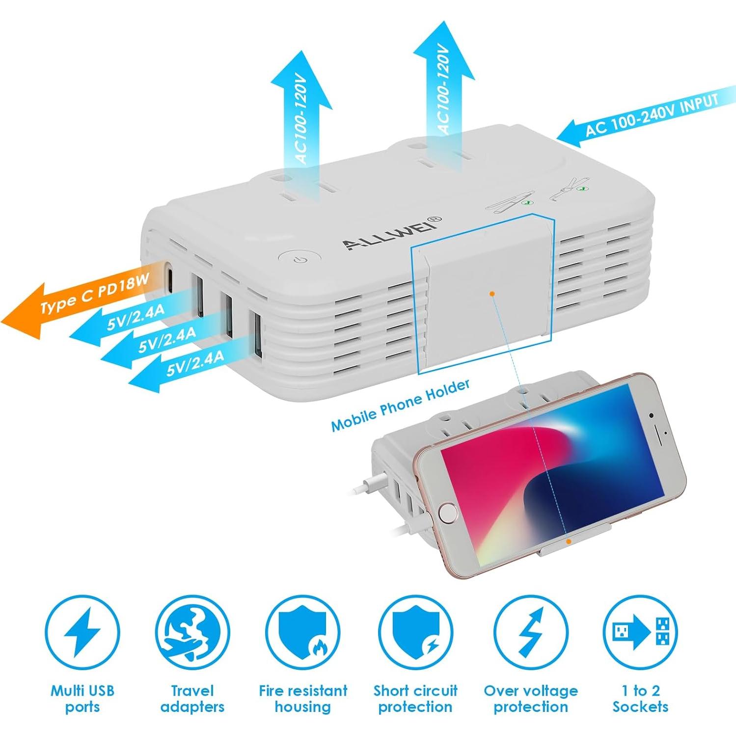 Adaptador de Viaje ALLWEI 220V a 110V Universal Blanco