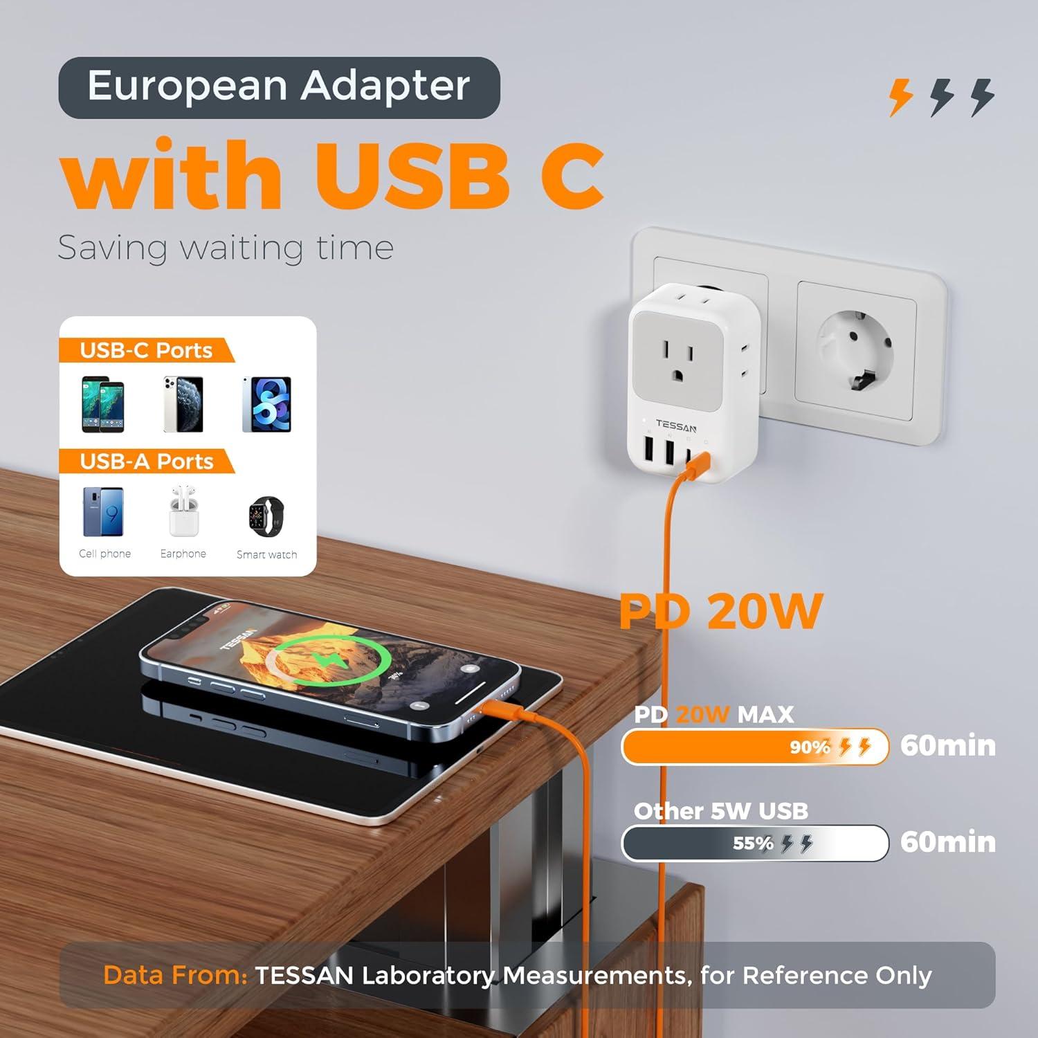 Adaptador de Enchufe de Viaje TESSAN 8 en 1 USB C 20W Gris
