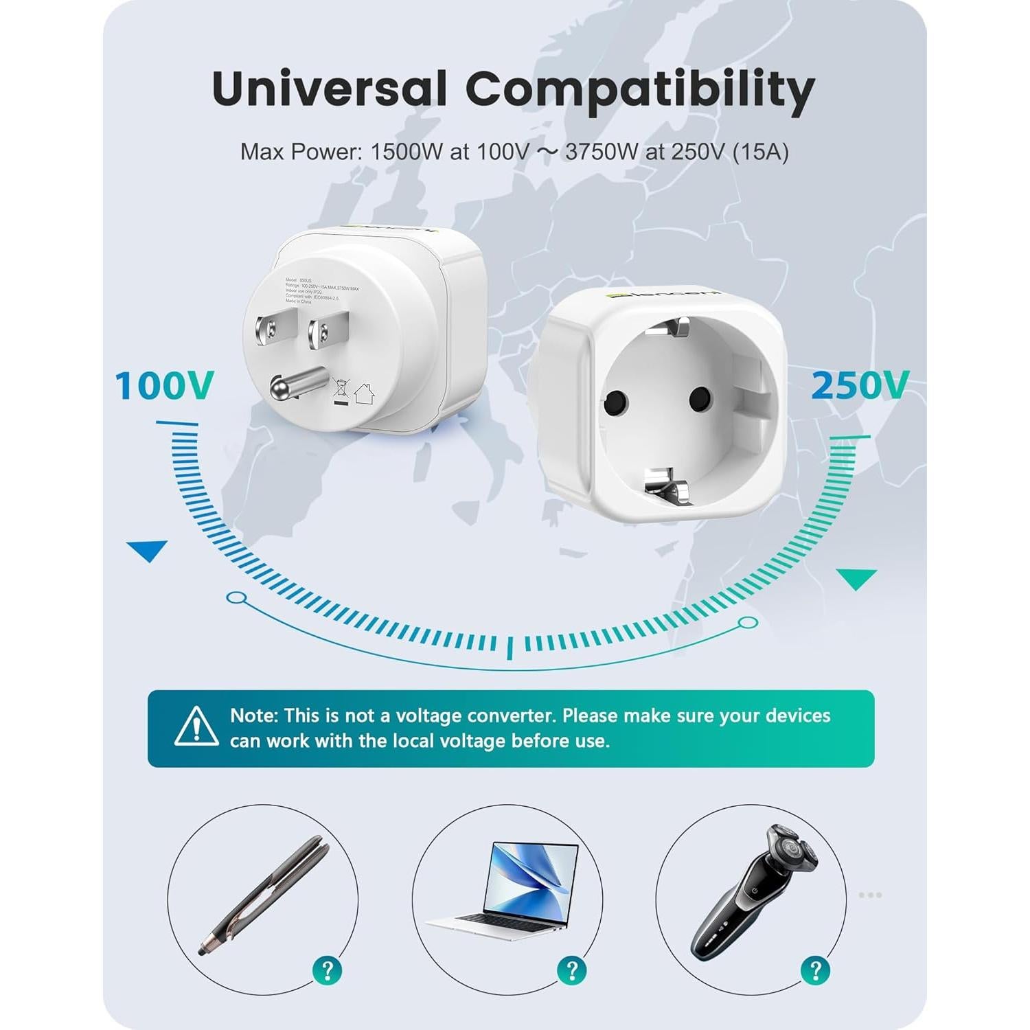 Adaptador de Enchufe LENCENT 2 Pack Europa a EE. UU. 15A