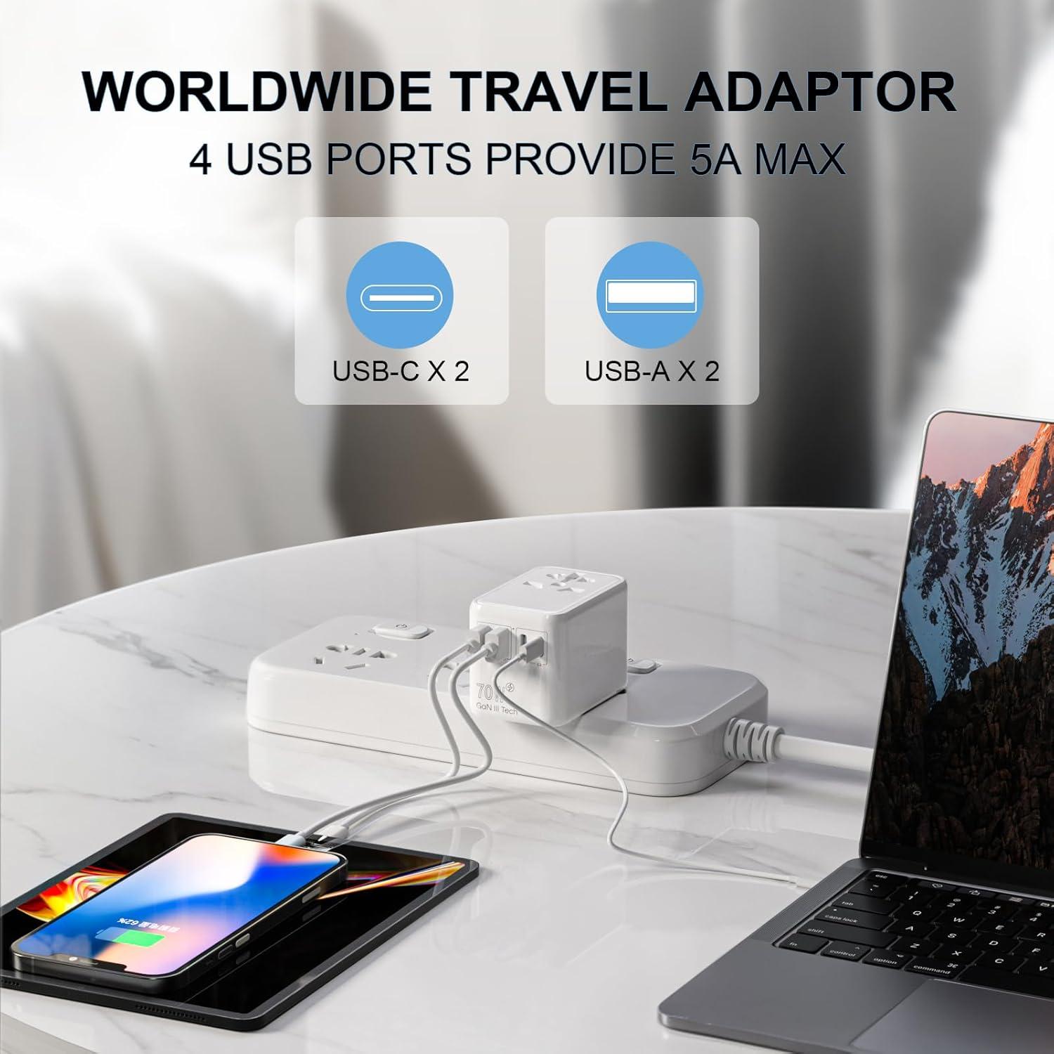 Adaptador de Viaje Universal Oviitech 70W con 4 Puertos USB