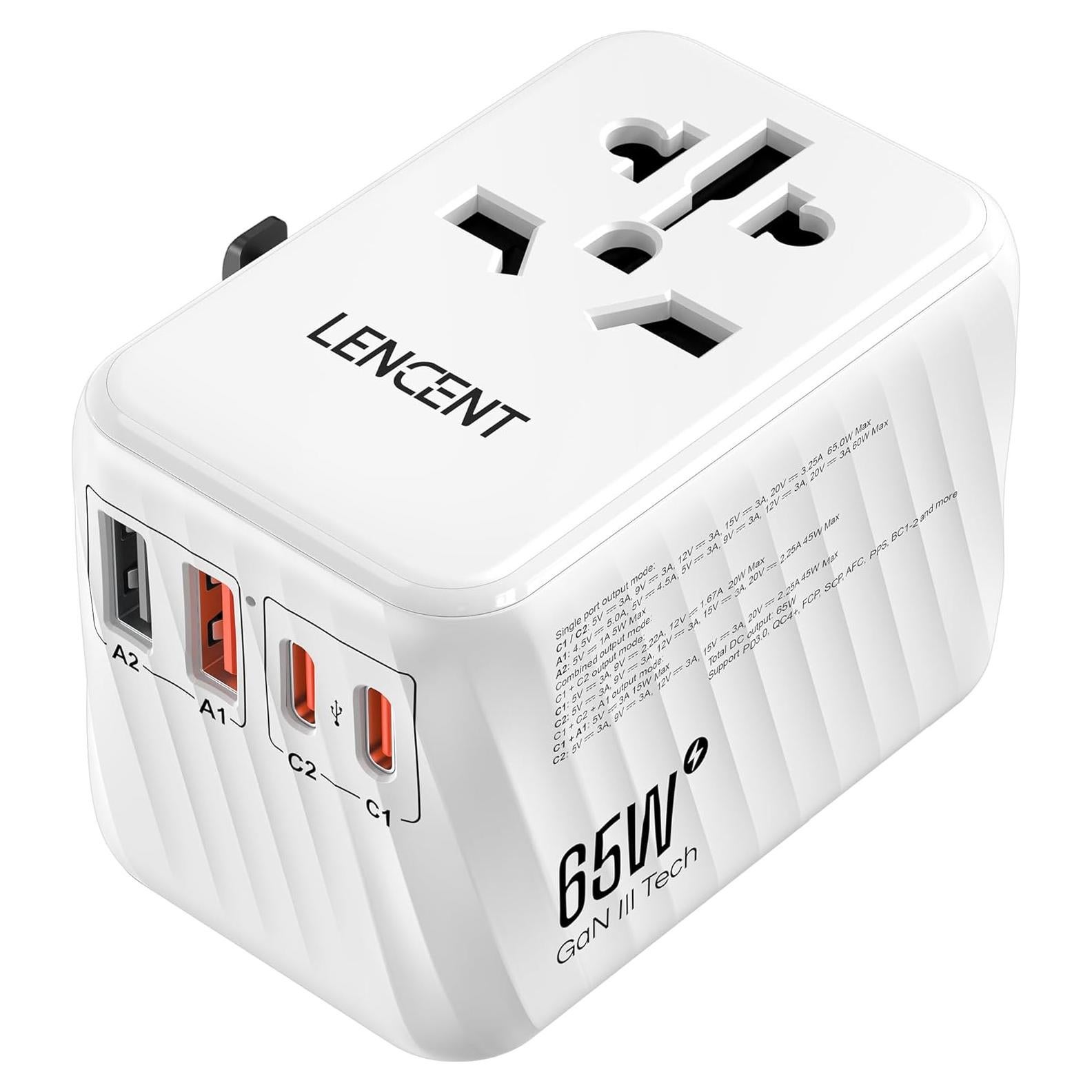 Adaptador de Viaje Universal LENCENT 65W GaN Carga Rápida