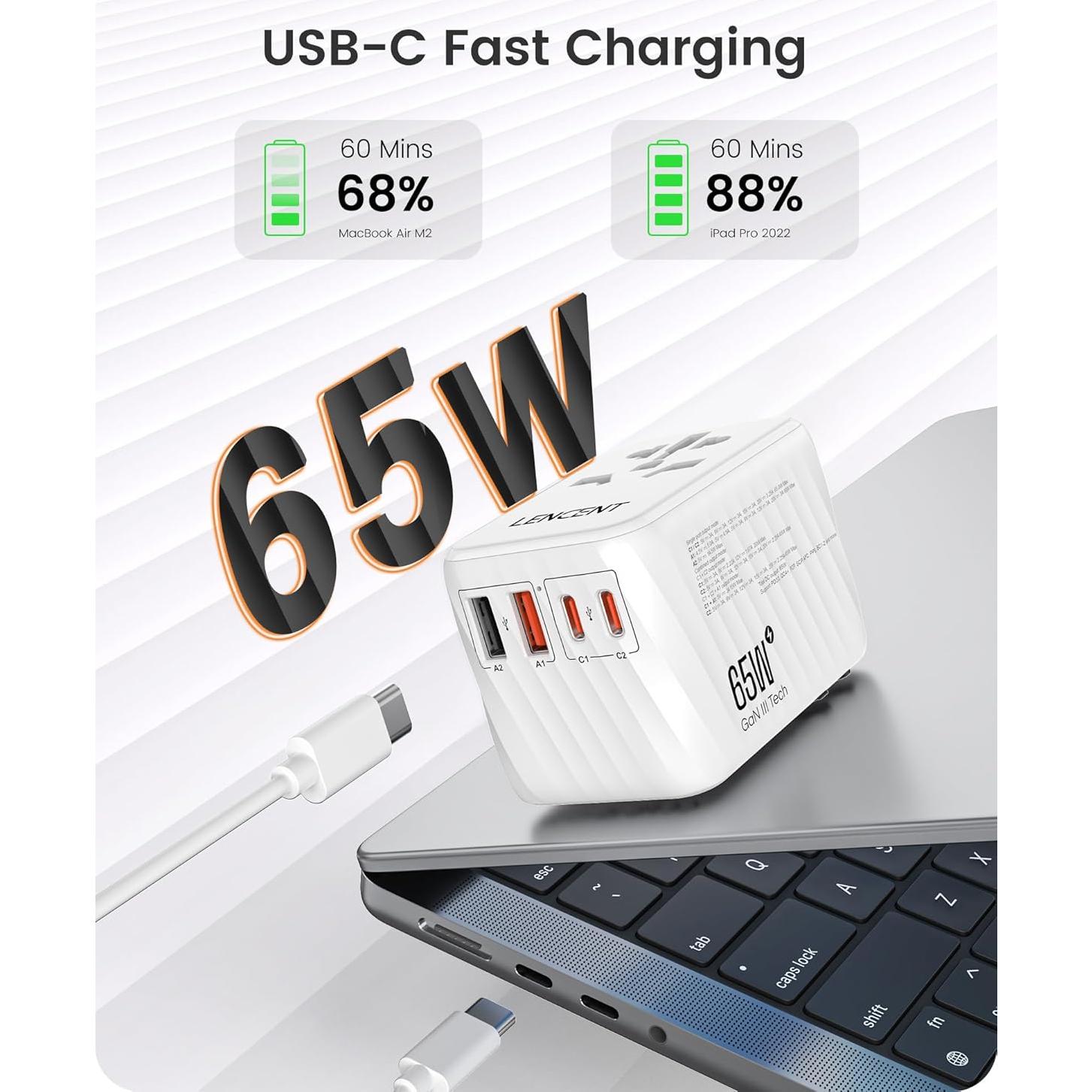 Adaptador de Viaje Universal LENCENT 65W GaN Carga Rápida