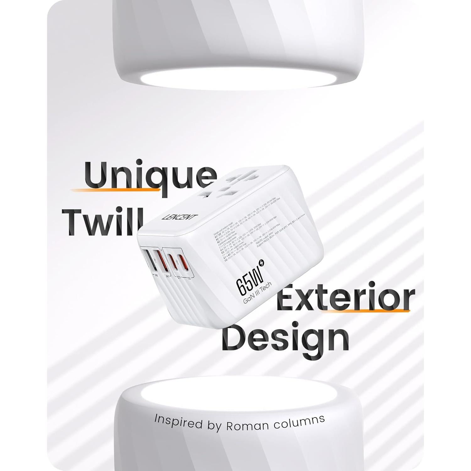 Adaptador de Viaje Universal LENCENT 65W GaN Carga Rápida