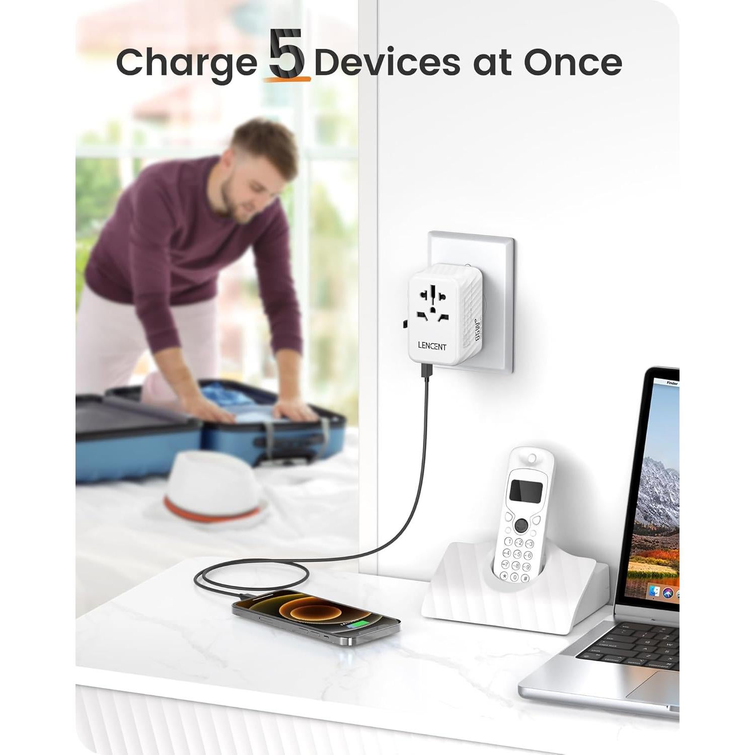 Adaptador de Viaje Universal LENCENT 65W GaN Carga Rápida