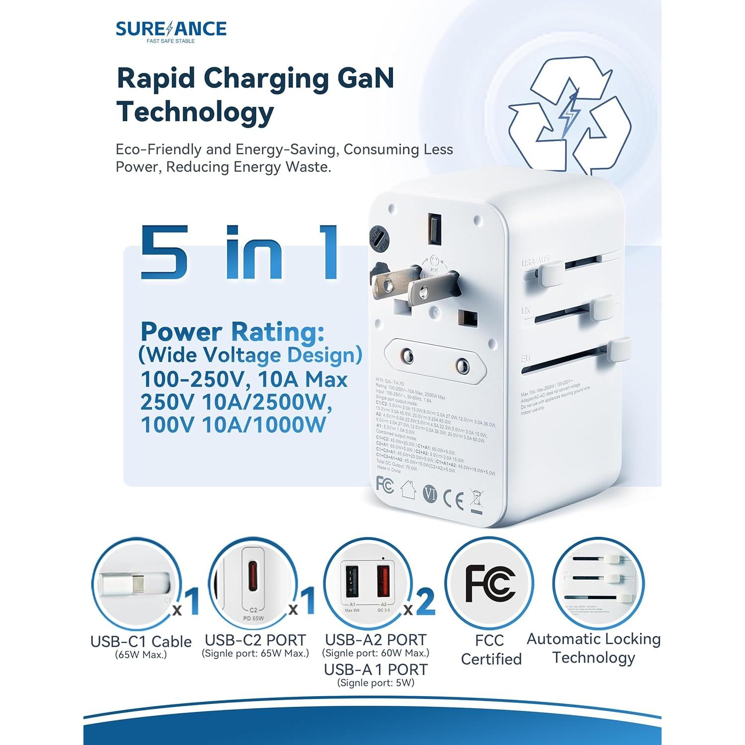 Adaptador de Viaje Universal Sureance 70W con USB-C 65W
