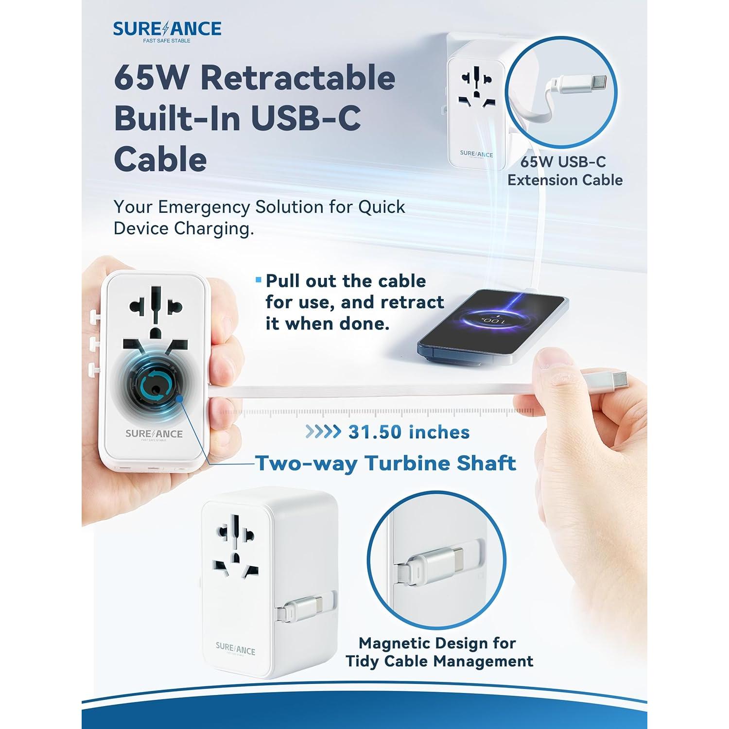 Adaptador de Viaje Universal Sureance 70W con USB-C 65W