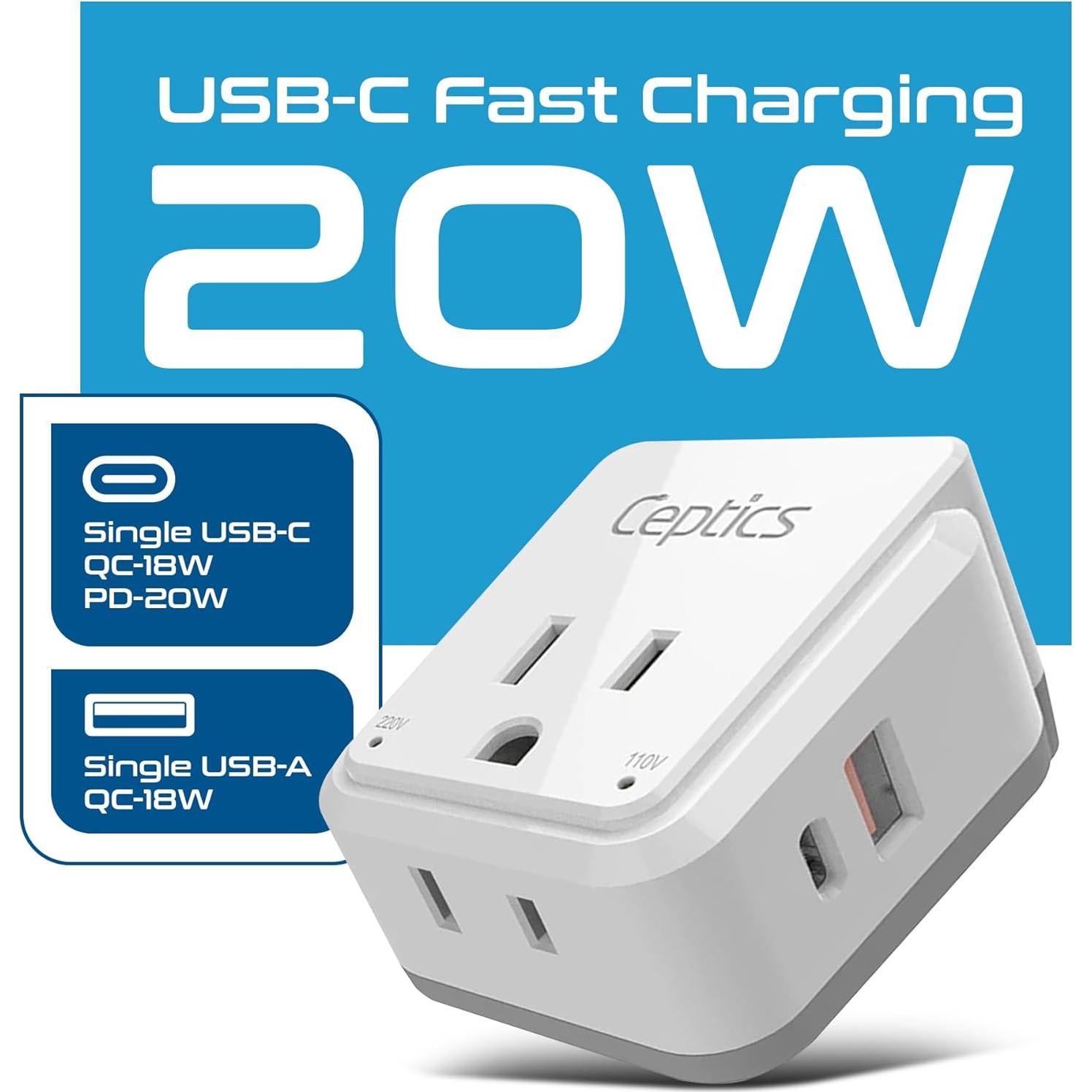 Adaptador de Viaje Ceptics Tipo O para Tailandia 20W PD QC