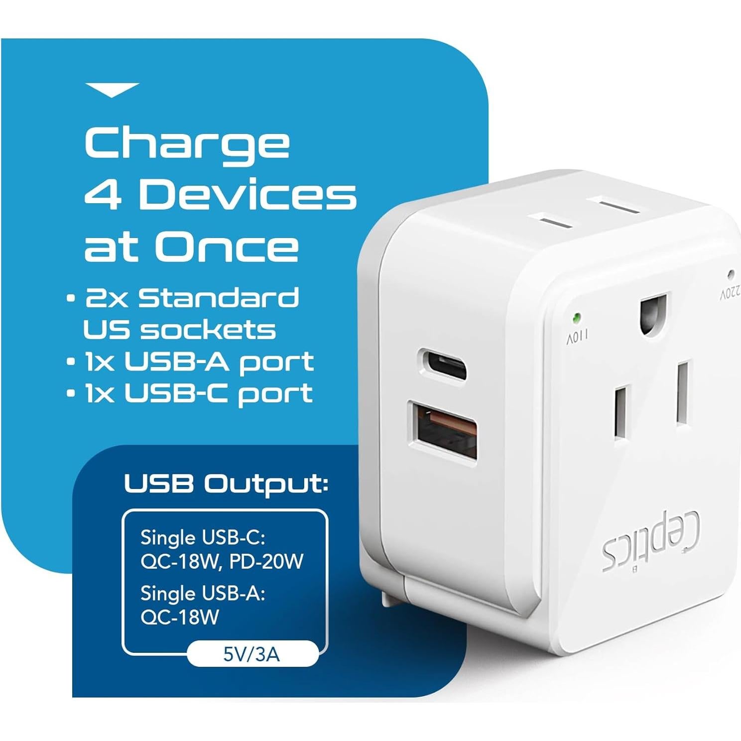 Adaptador de Viaje Ceptics Tipo O para Tailandia 20W PD QC