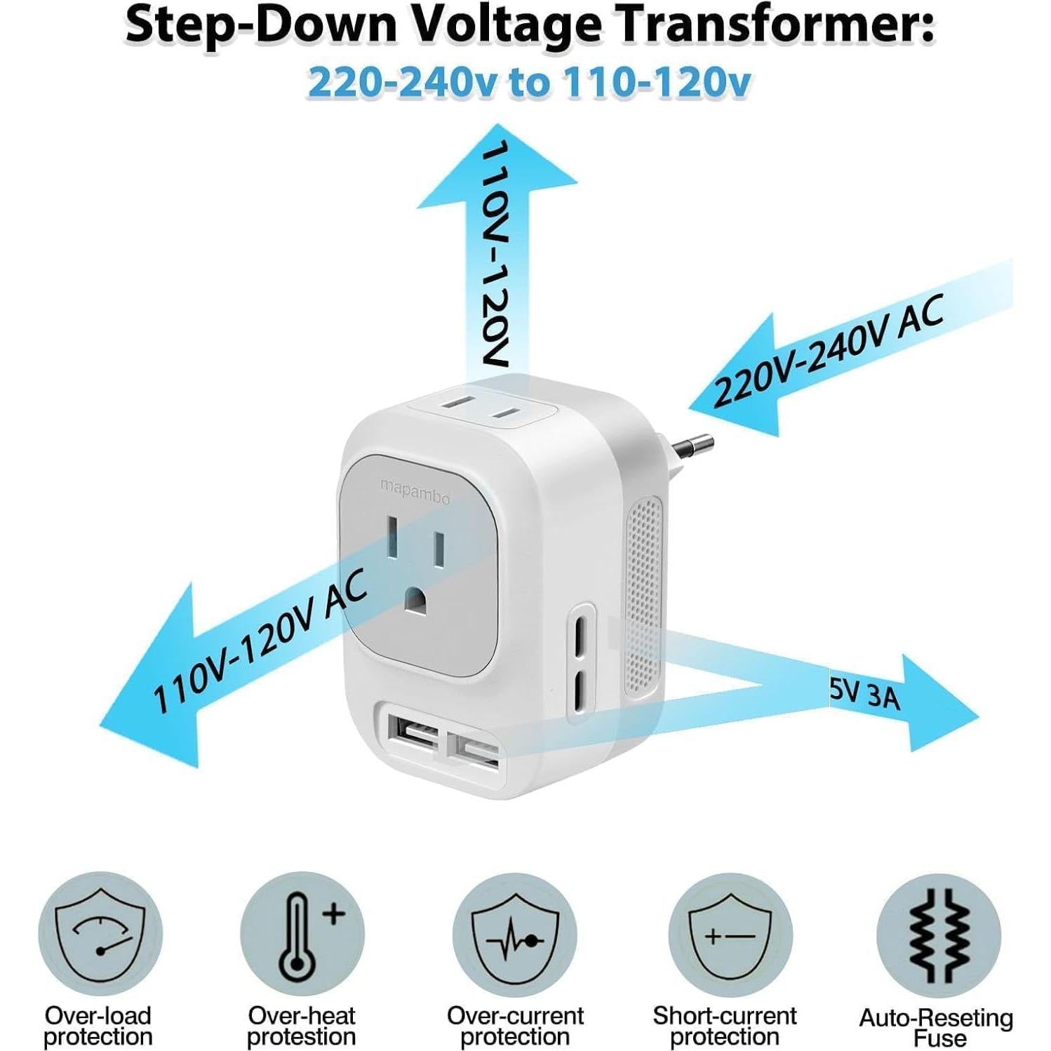 Convertidor de Voltaje Mapambo 220V a 110V con 2 USB y 2 USB C