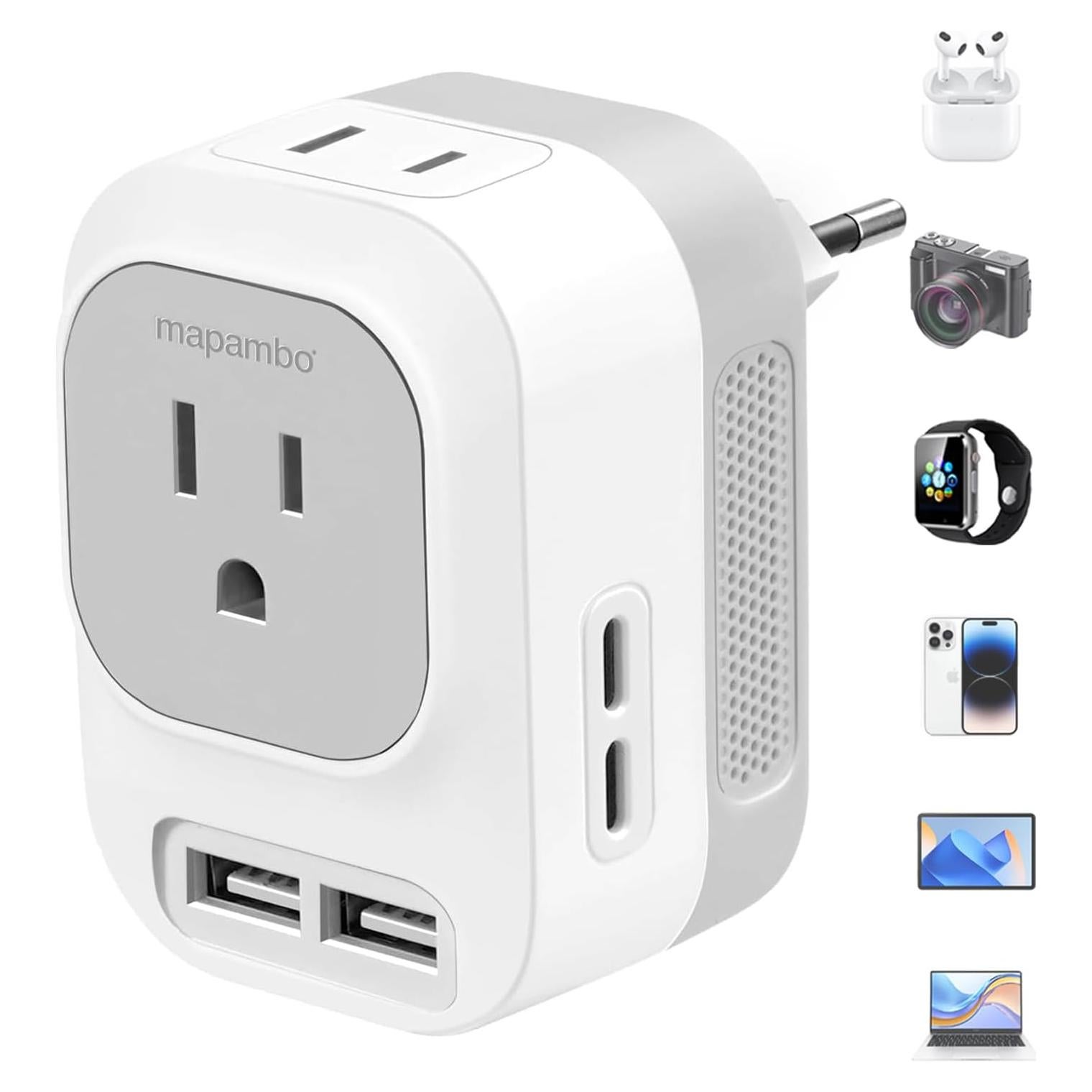 Convertidor de Voltaje Mapambo 220V a 110V con 2 USB y 2 USB-C