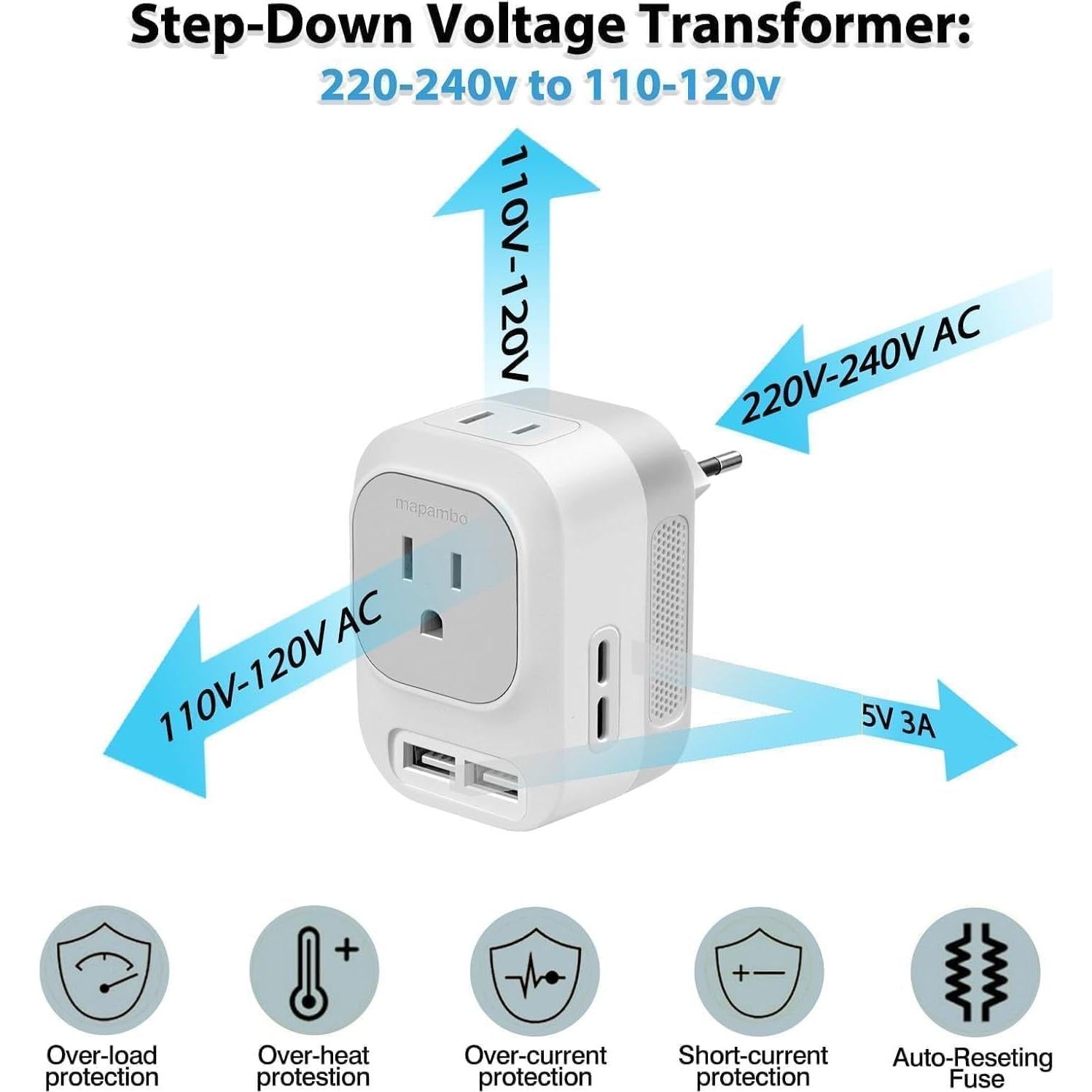 Convertidor de Voltaje Mapambo 220V a 110V con 2 USB y 2 USB-C