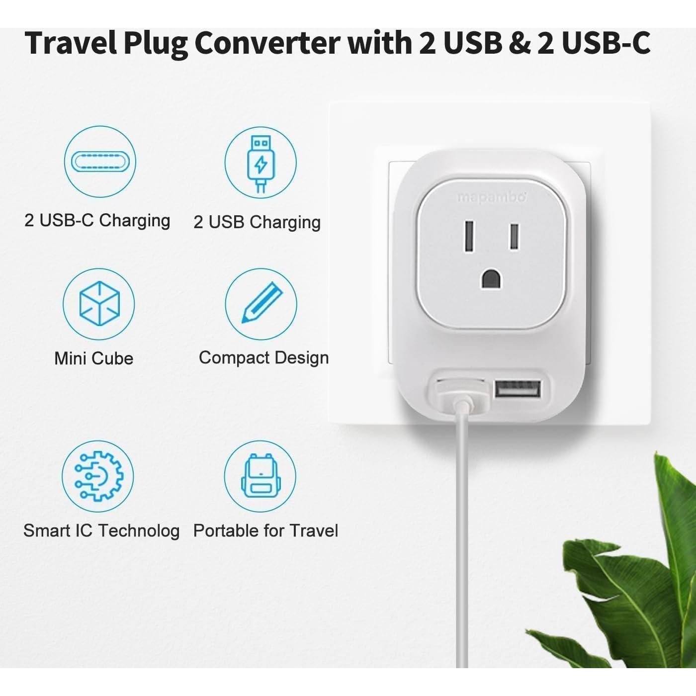 Convertidor de Voltaje Mapambo 220V a 110V con 2 USB y 2 USB-C