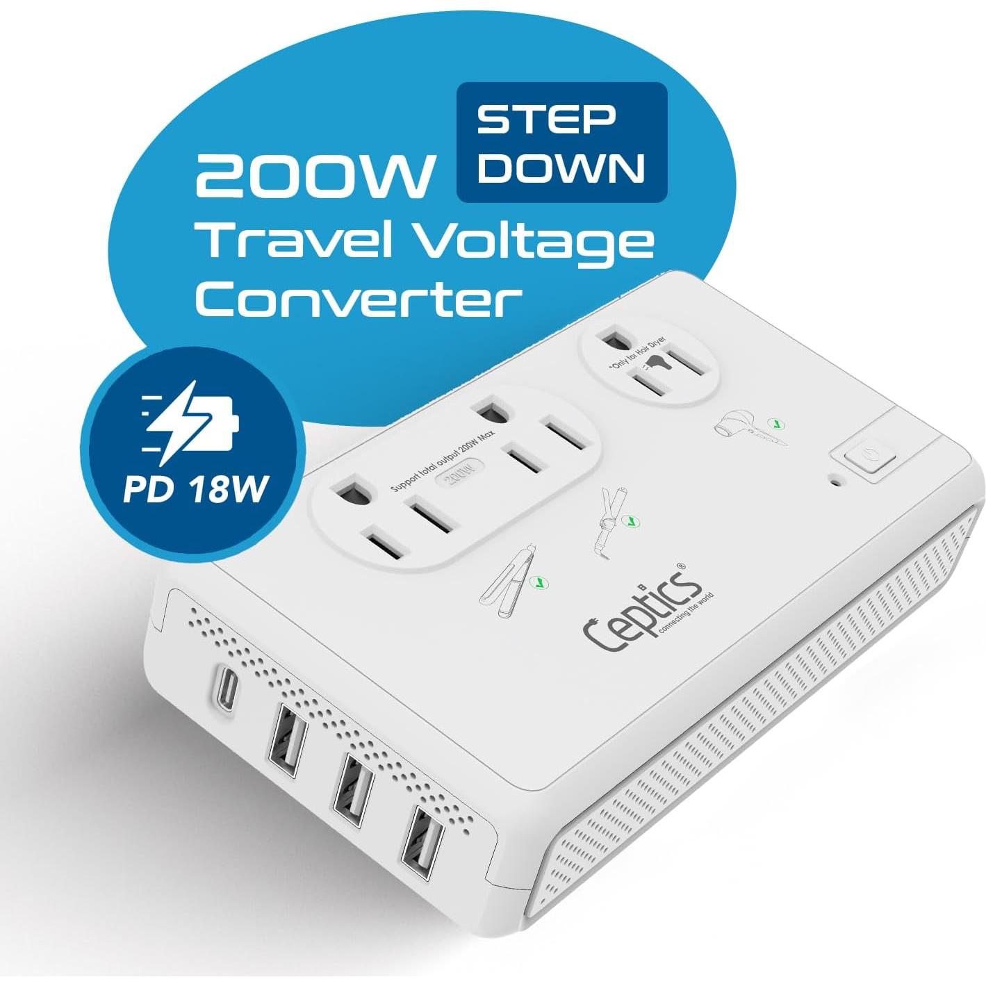 Convertidor de Voltaje Ceptics 220V a 110V 2000W con USB-C