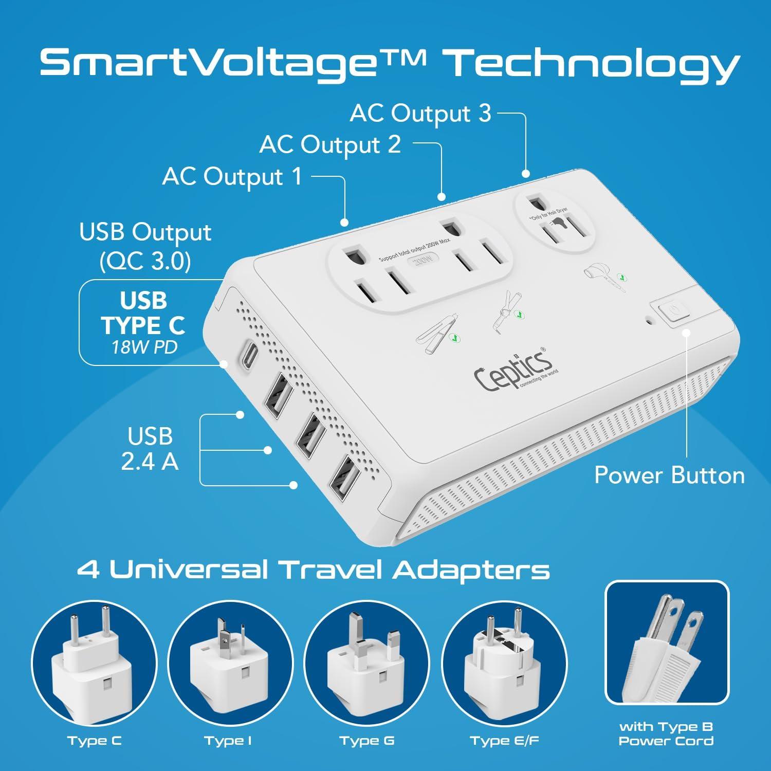 Convertidor de Voltaje Ceptics 220V a 110V 2000W con USB-C