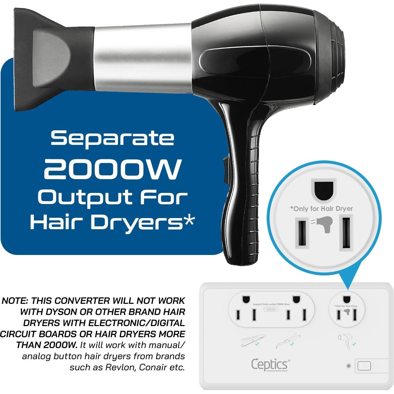 Convertidor de Voltaje Ceptics 220V a 110V 2000W con USB-C