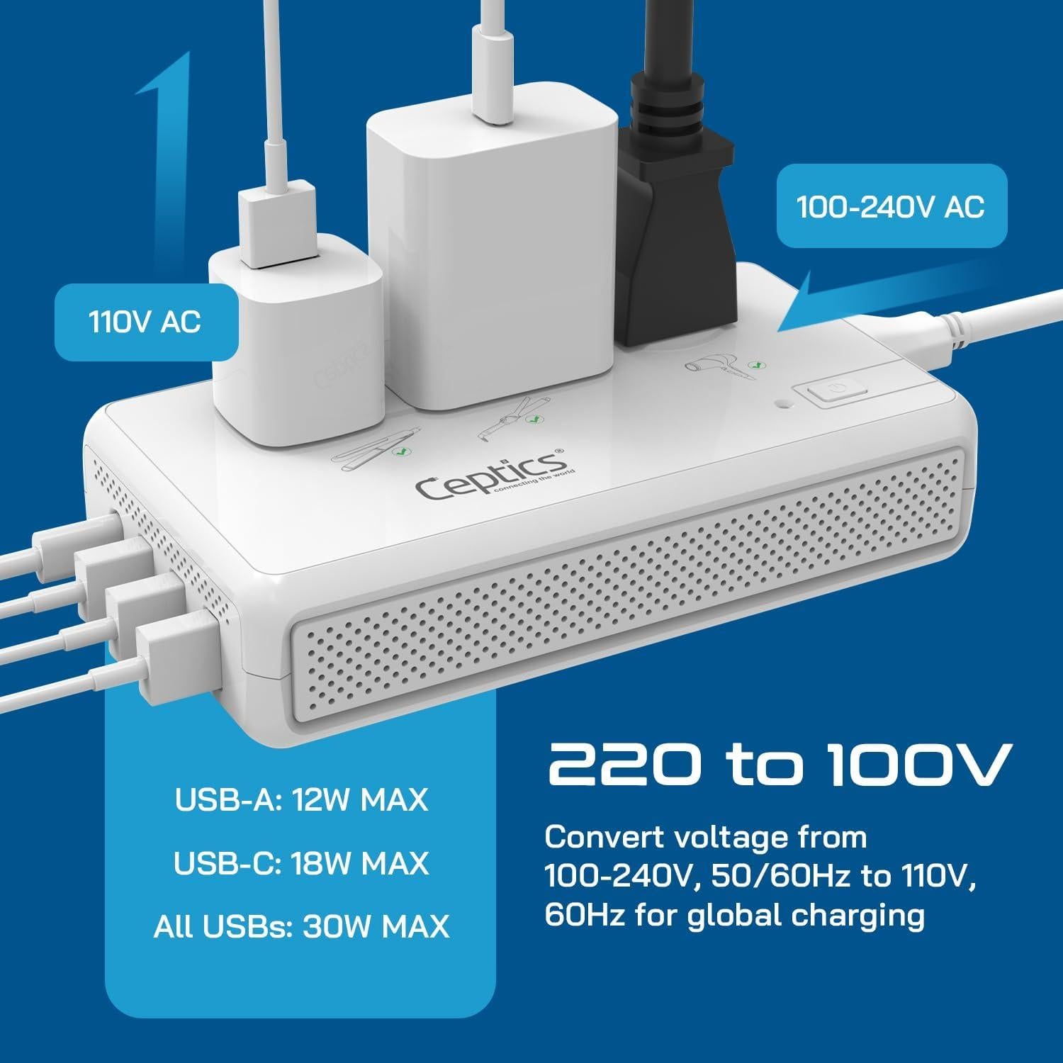 Convertidor de Voltaje Ceptics 220V a 110V 2000W con USB-C