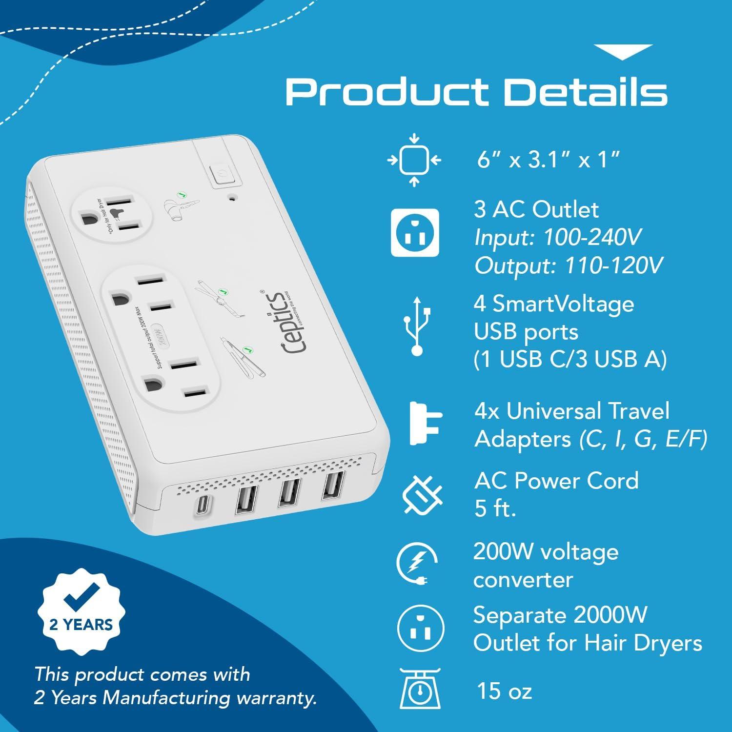 Convertidor de Voltaje Ceptics 220V a 110V 2000W con USB-C