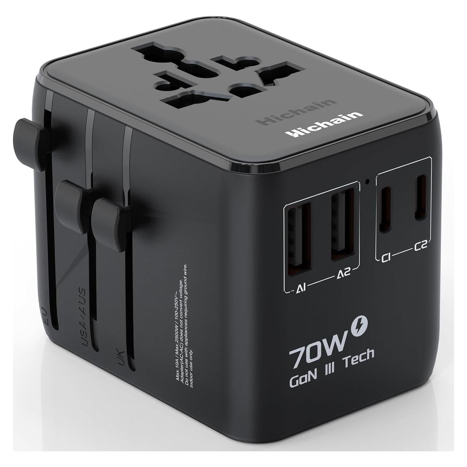 Adaptador de Viaje Universal Hichain 70W GaN 4 Puertos USB