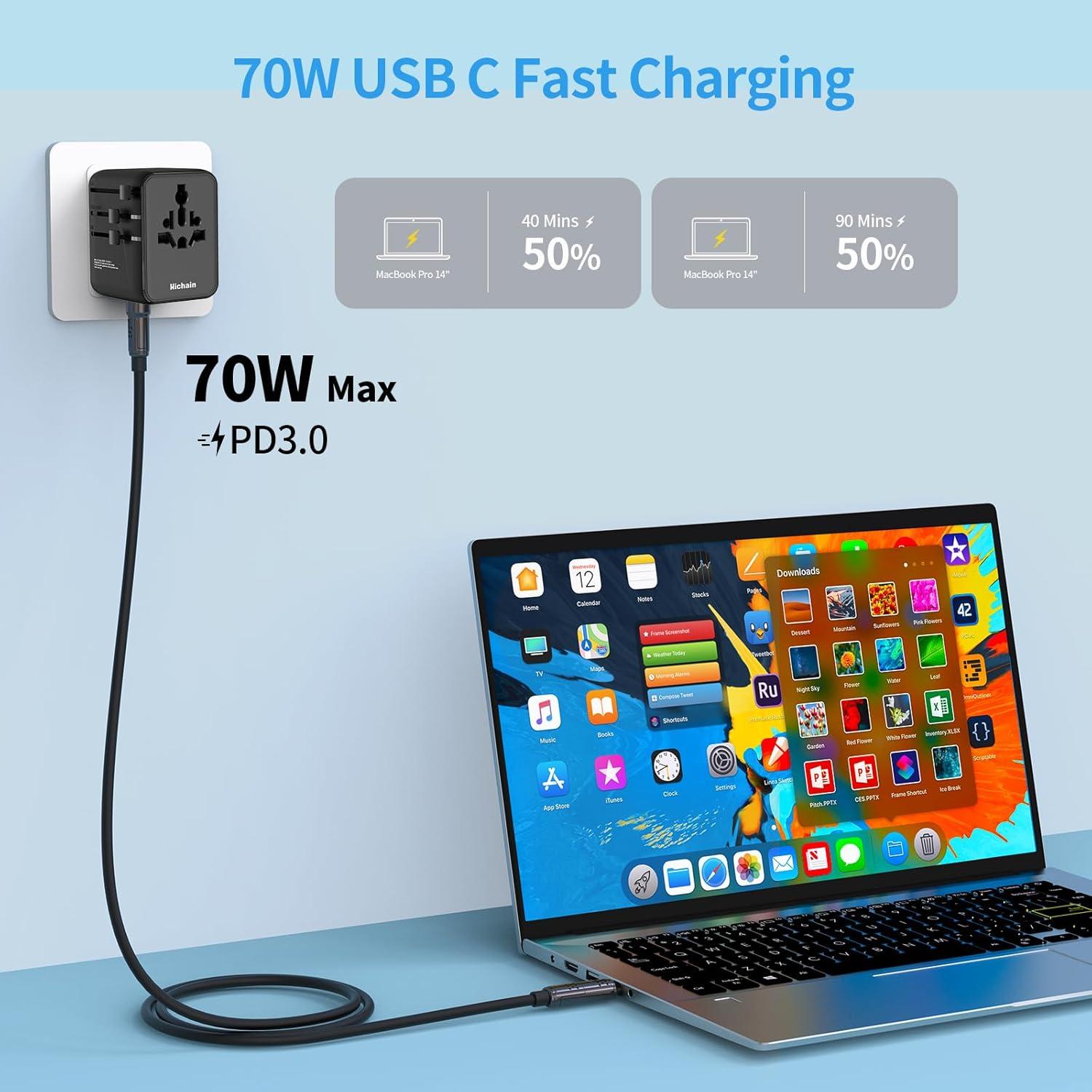 Adaptador de Viaje Universal Hichain 70W GaN 4 Puertos USB