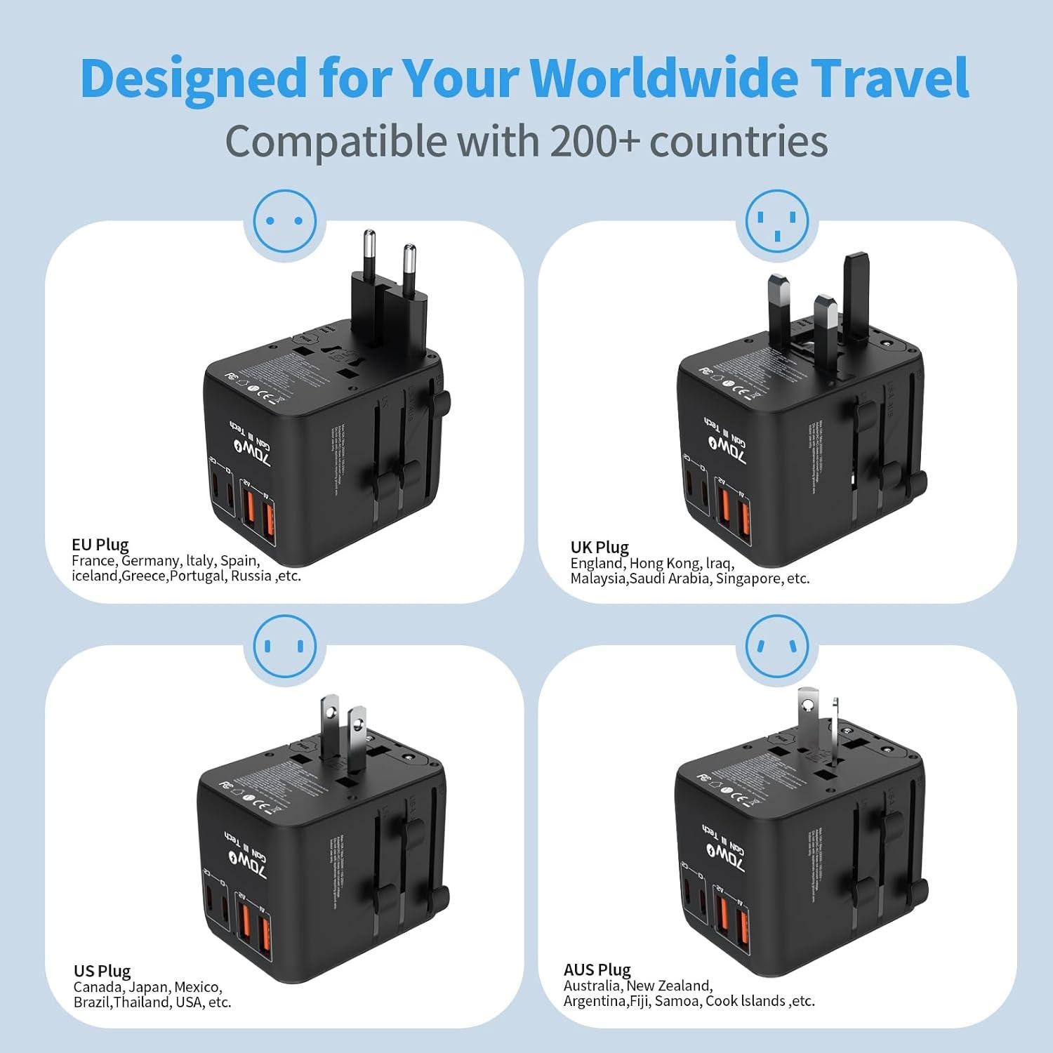 Adaptador de Viaje Universal Hichain 70W GaN 4 Puertos USB