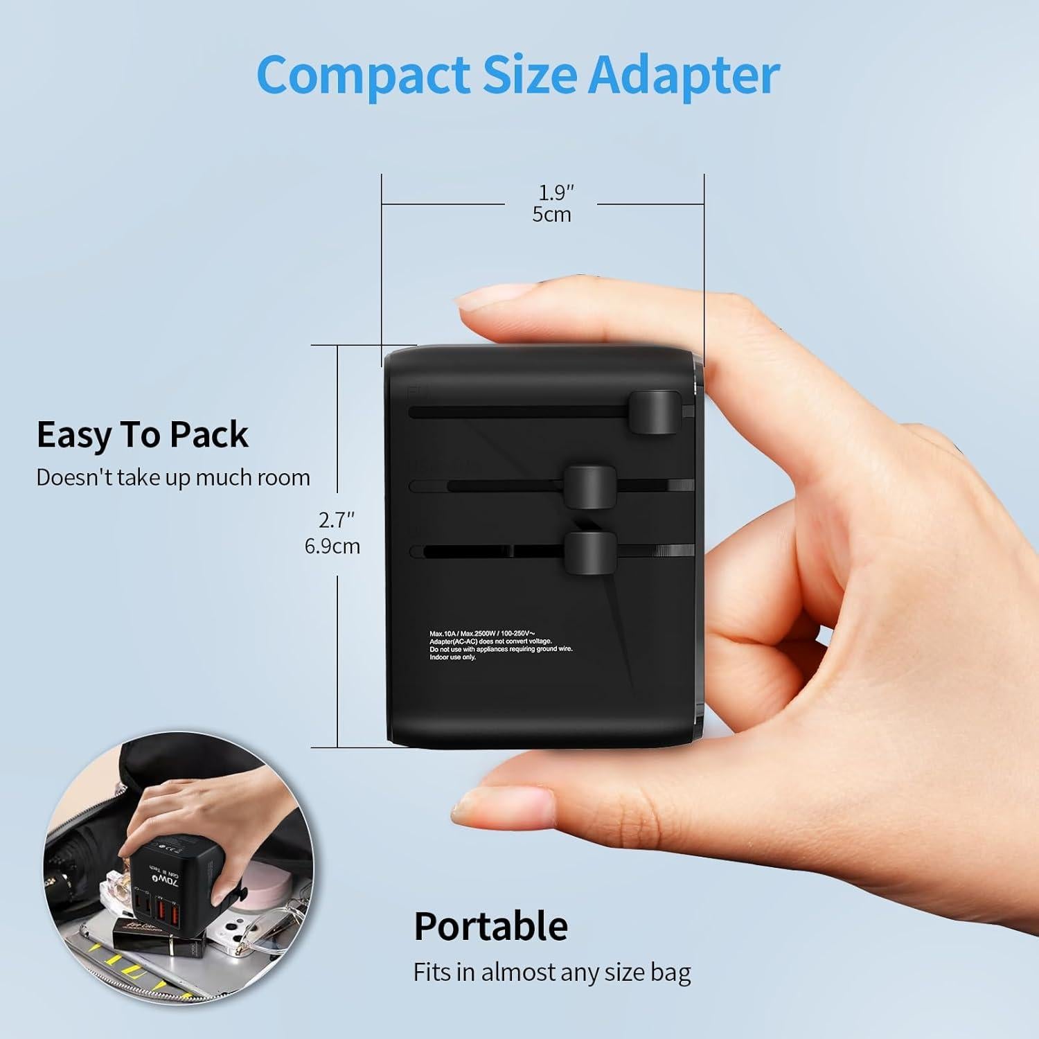 Adaptador de Viaje Universal Hichain 70W GaN 4 Puertos USB