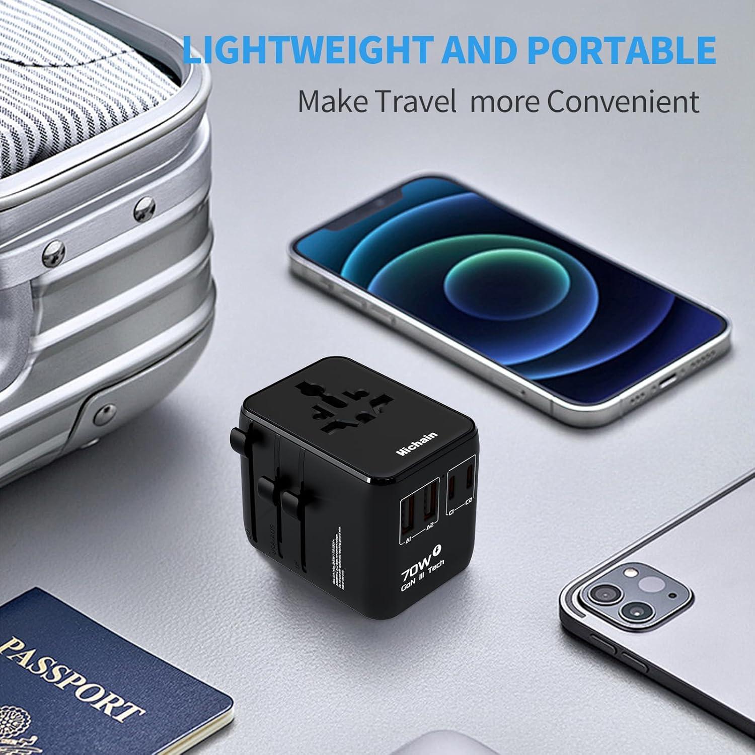 Adaptador de Viaje Universal Hichain 70W GaN 4 Puertos USB