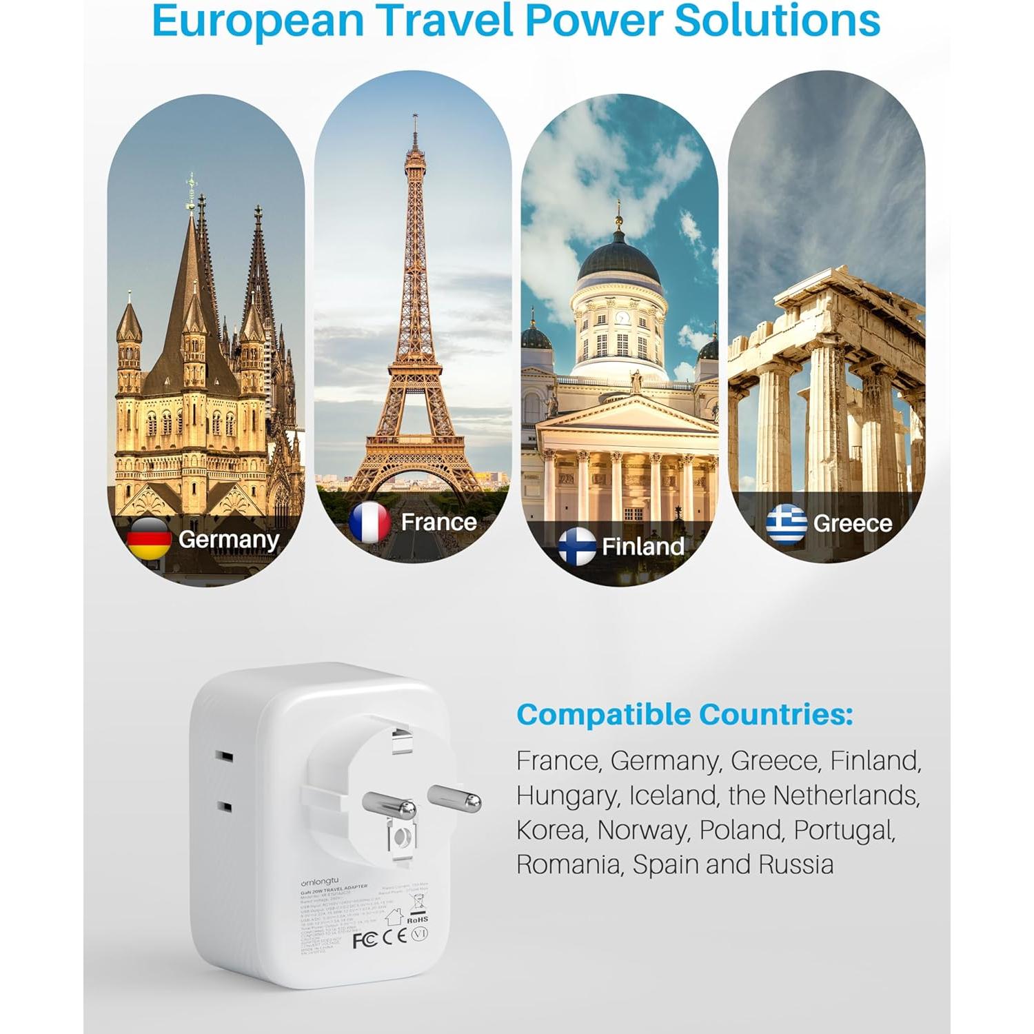 Adaptador de Enchufe de Viaje Tipo E/F 20W USB-C XiangRun