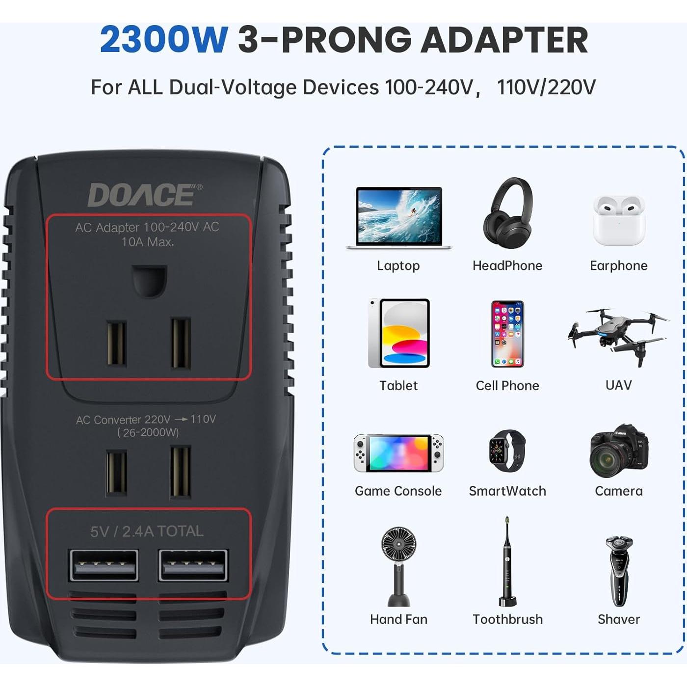 Convertidor de Voltaje DOACE 2000W 220V a 110V para Viajes