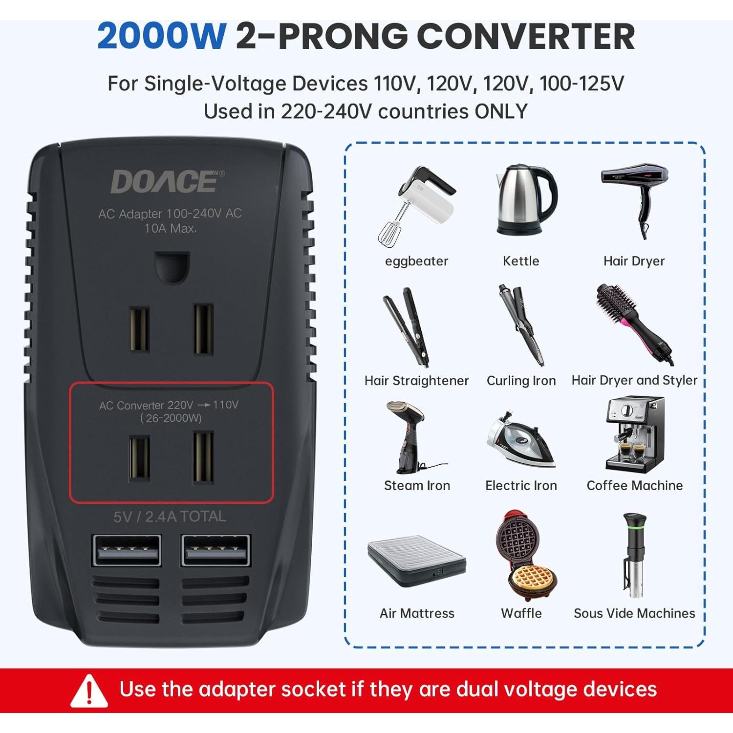 Convertidor de Voltaje DOACE 2000W 220V a 110V para Viajes