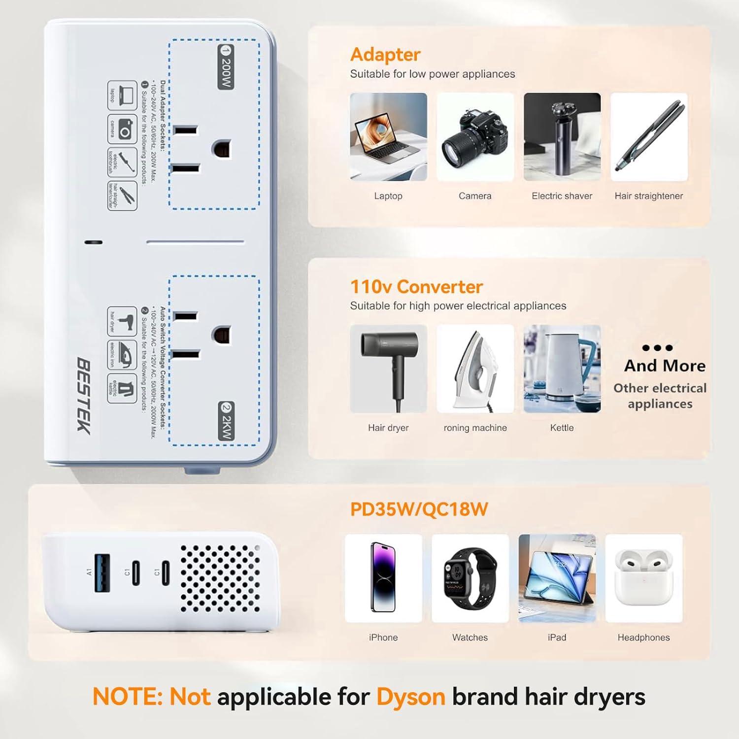 Convertidor de Voltaje BESTEK 220V a 110V 2000W/200W