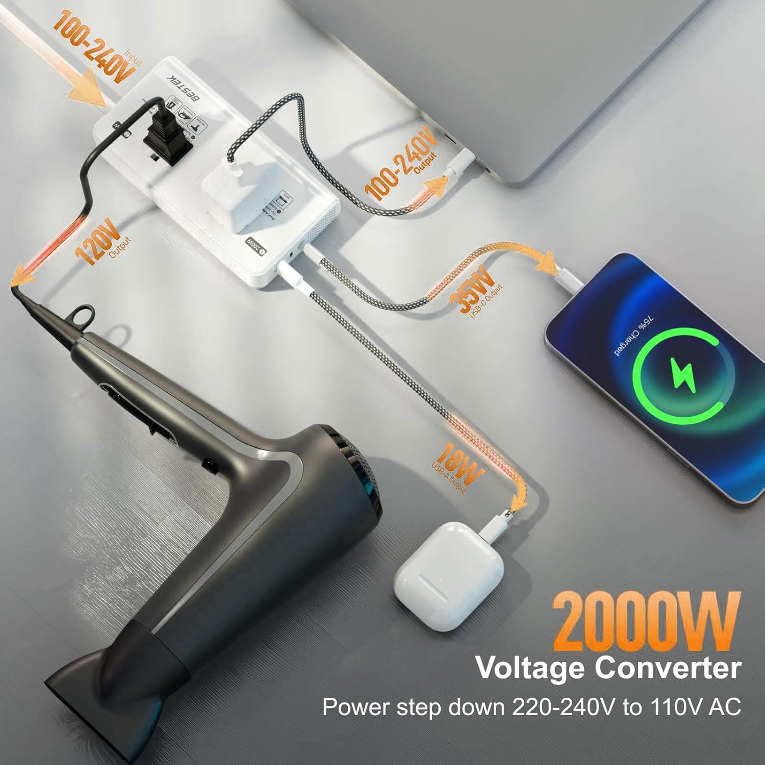Convertidor de Voltaje BESTEK 220V a 110V 2000W/200W