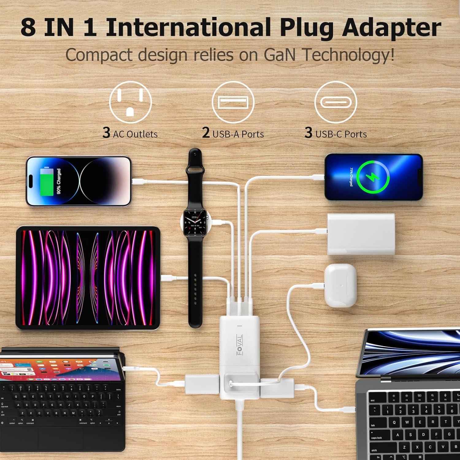 Adaptador de Enchufe de Viaje FOVAL 75W 8 en 1 USB C AC
