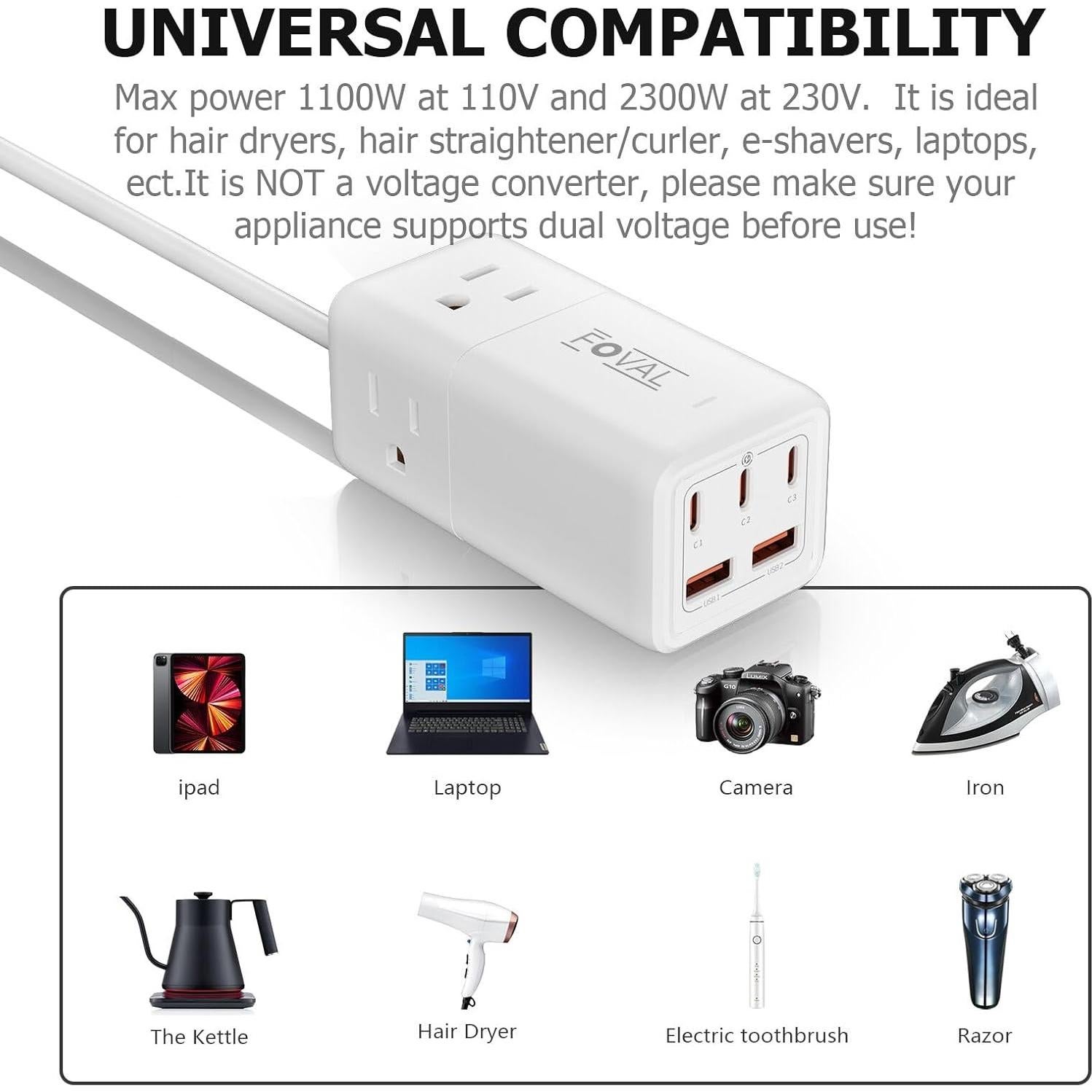 Adaptador de Enchufe de Viaje FOVAL 75W 8 en 1 USB C AC