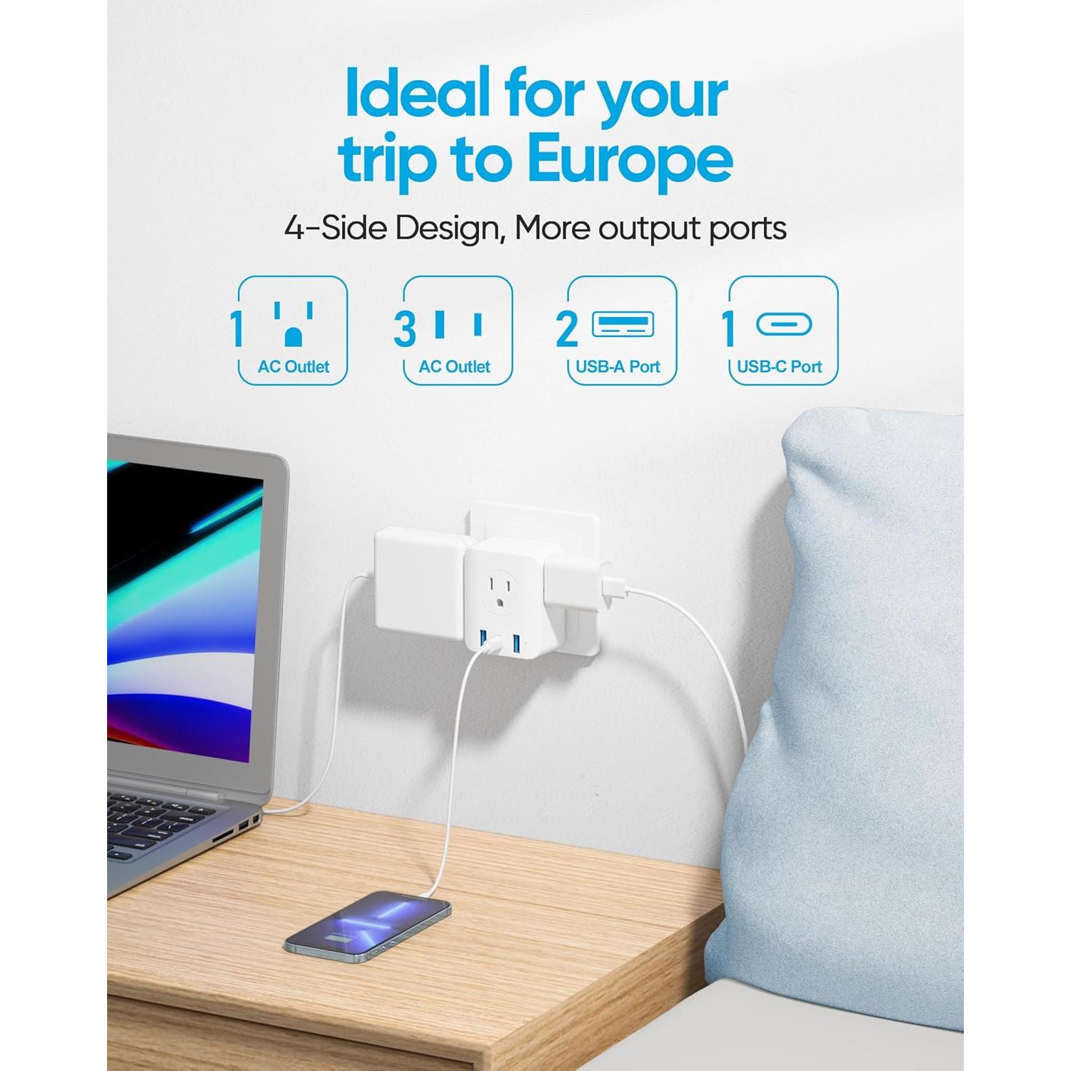 Adaptador de Enchufe de Viaje Olcorife Tipo C 4 Salidas 3 USB