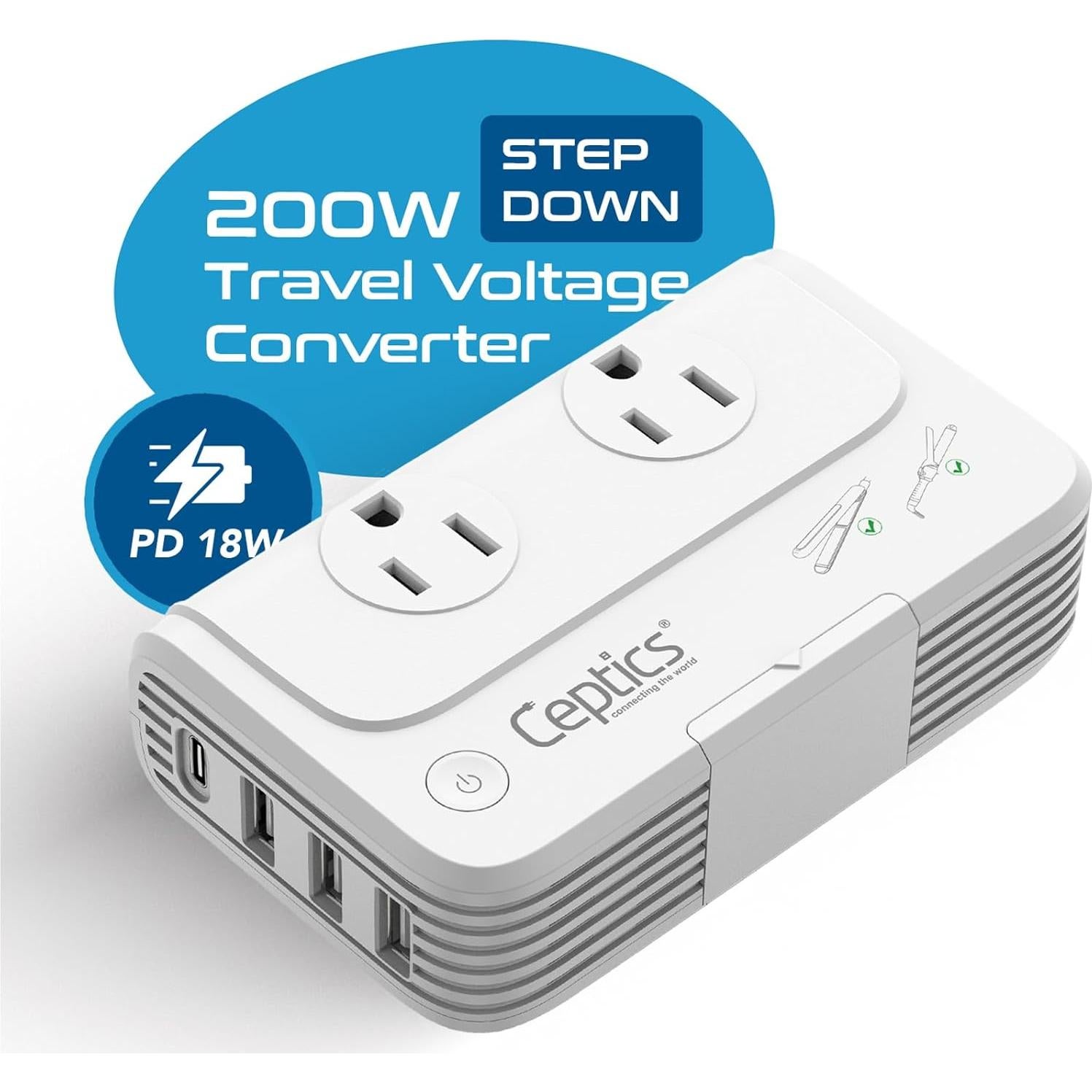 Convertidor de Voltaje Ceptics 200W 220V a 110V con 4 USB