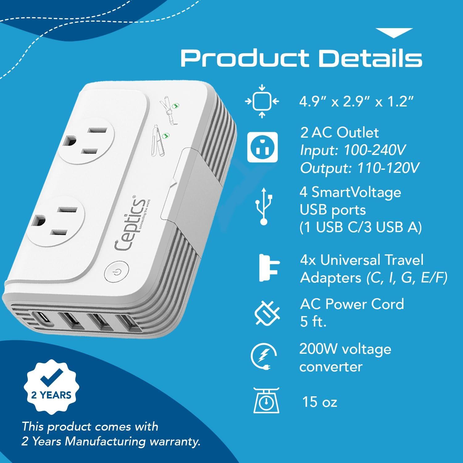 Convertidor de Voltaje Ceptics 200W 220V a 110V con 4 USB
