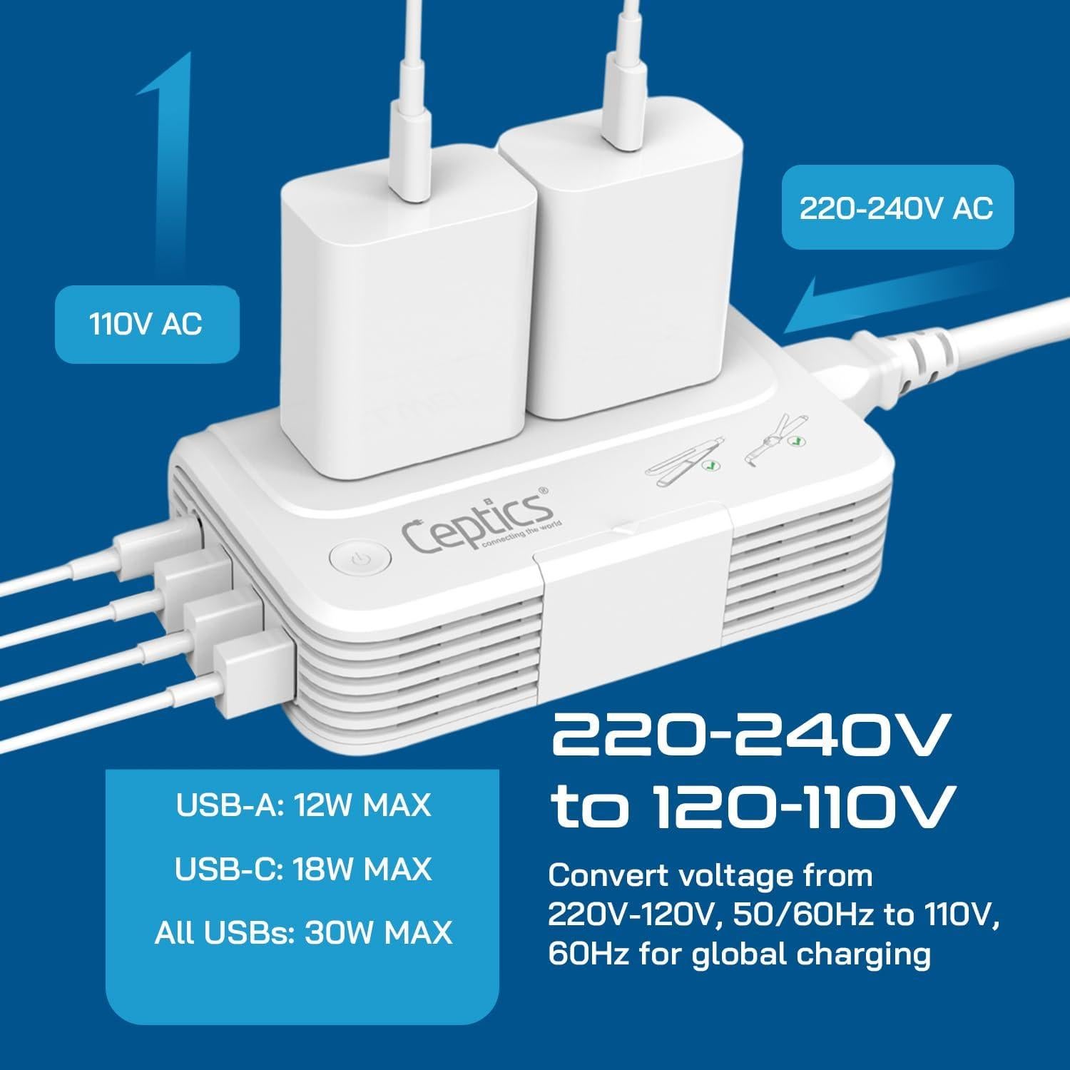 Convertidor de Voltaje Ceptics 200W 220V a 110V con 4 USB