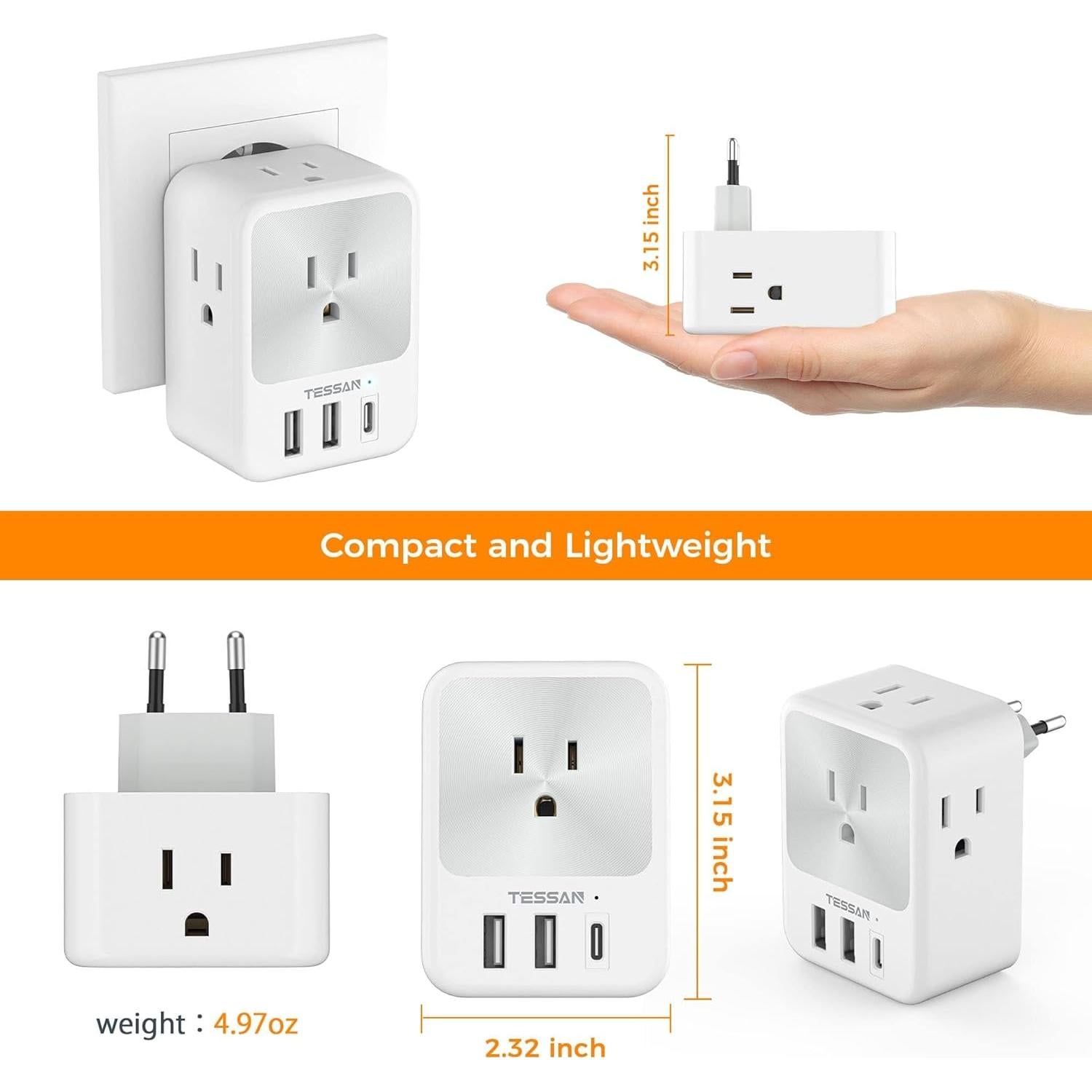 Adaptador de Enchufe de Viaje TESSAN Tipo C 7 Salidas USB