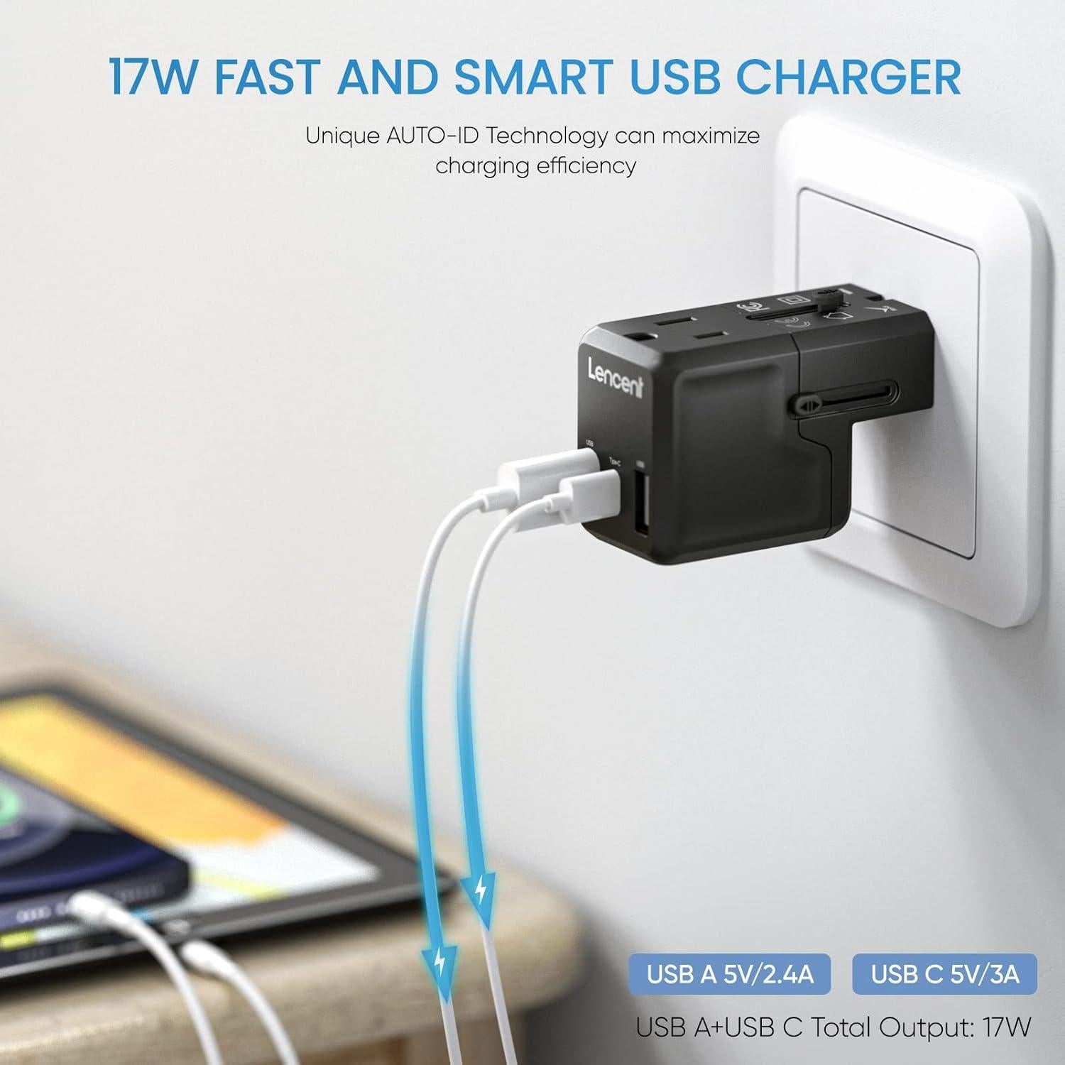 Adaptador de corriente de viaje LENCENT G63, 4 puertos USB, 17W