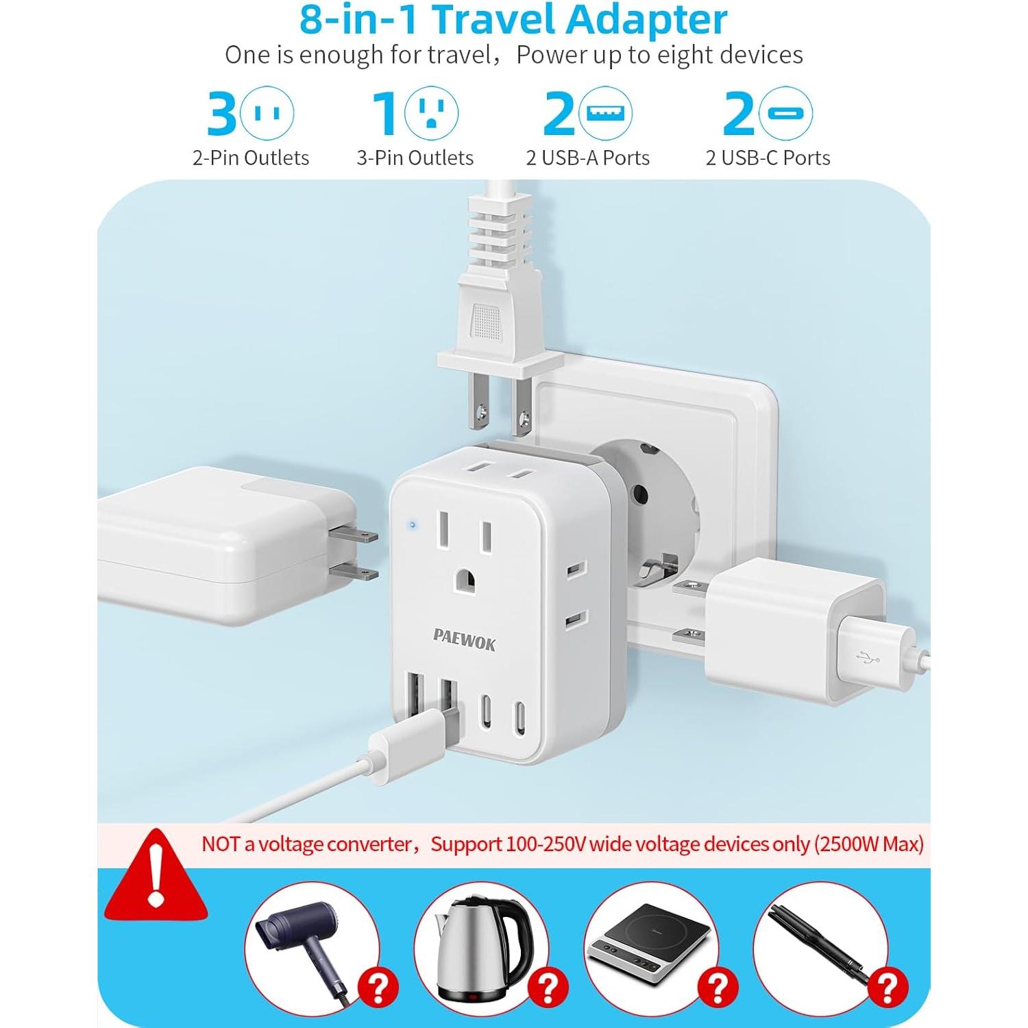 Adaptador de Corriente Internacional PAEWOK 8 en 1 USB-C