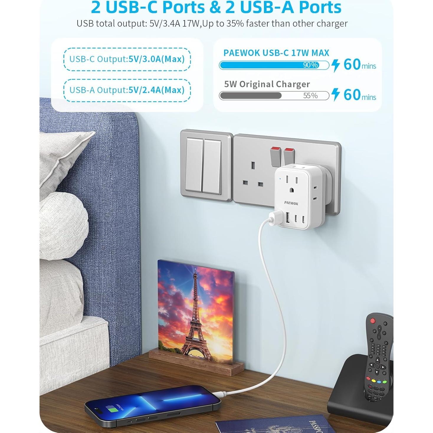 Adaptador de Corriente Internacional PAEWOK 8 en 1 USB-C