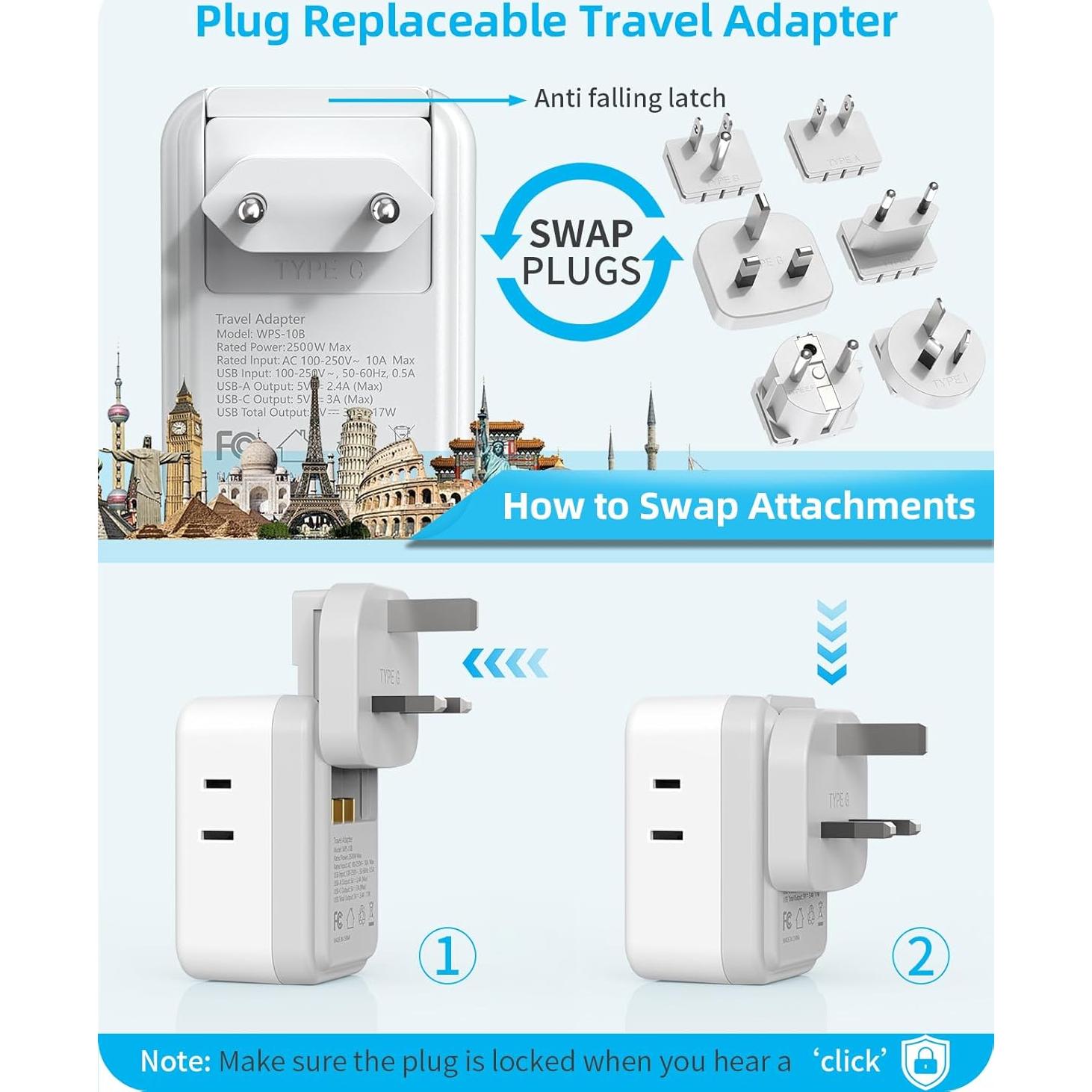 Adaptador de Corriente Internacional PAEWOK 8 en 1 USB-C