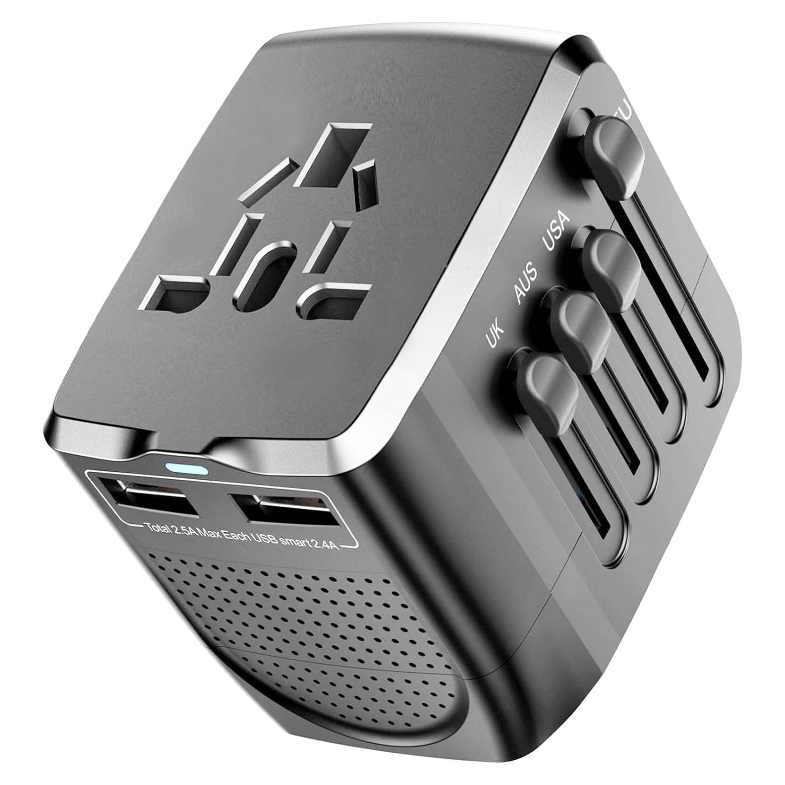 Adaptador de Viaje Internacional KELEILVTU 100-240V con 2 USB