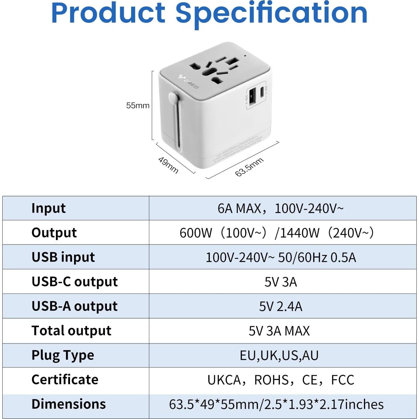 Adaptador de Viaje Universal GONEO GN-L10U15A 100-240V USB C/A