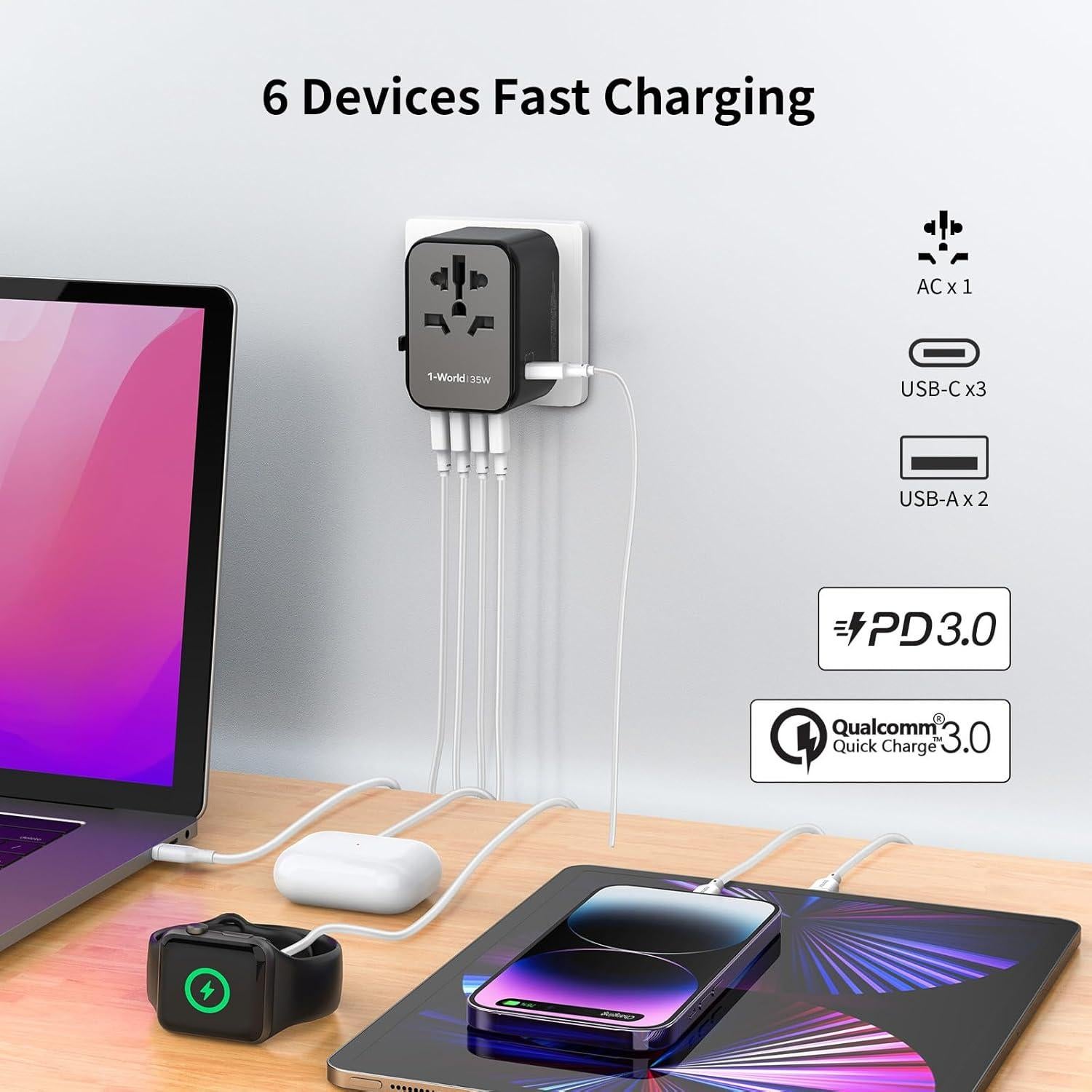 Adaptador de Viaje Universal MOMAX UA9 35W Carga Rápida 5 Puertos