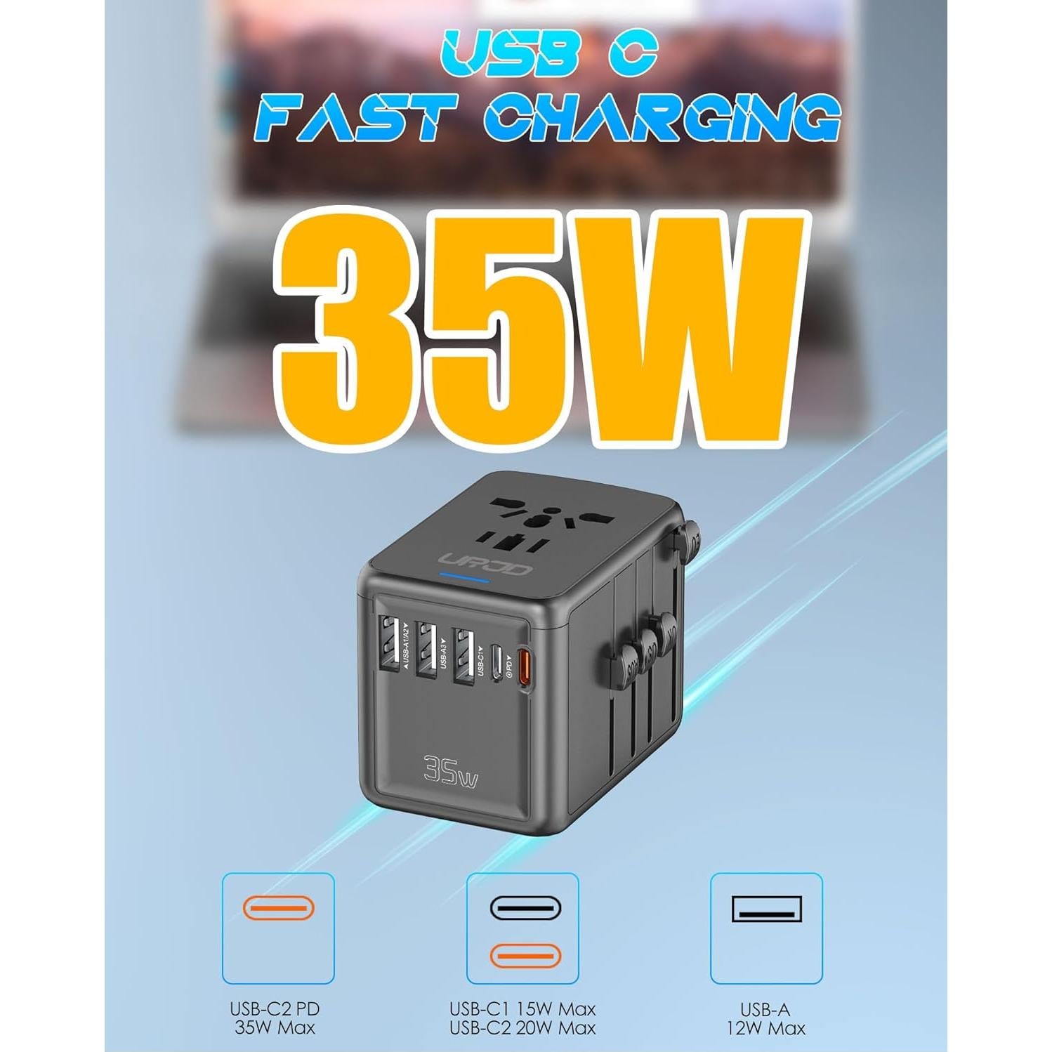 Adaptador de Viaje Universal URJD 35W Carga Rápida 6 Puertos