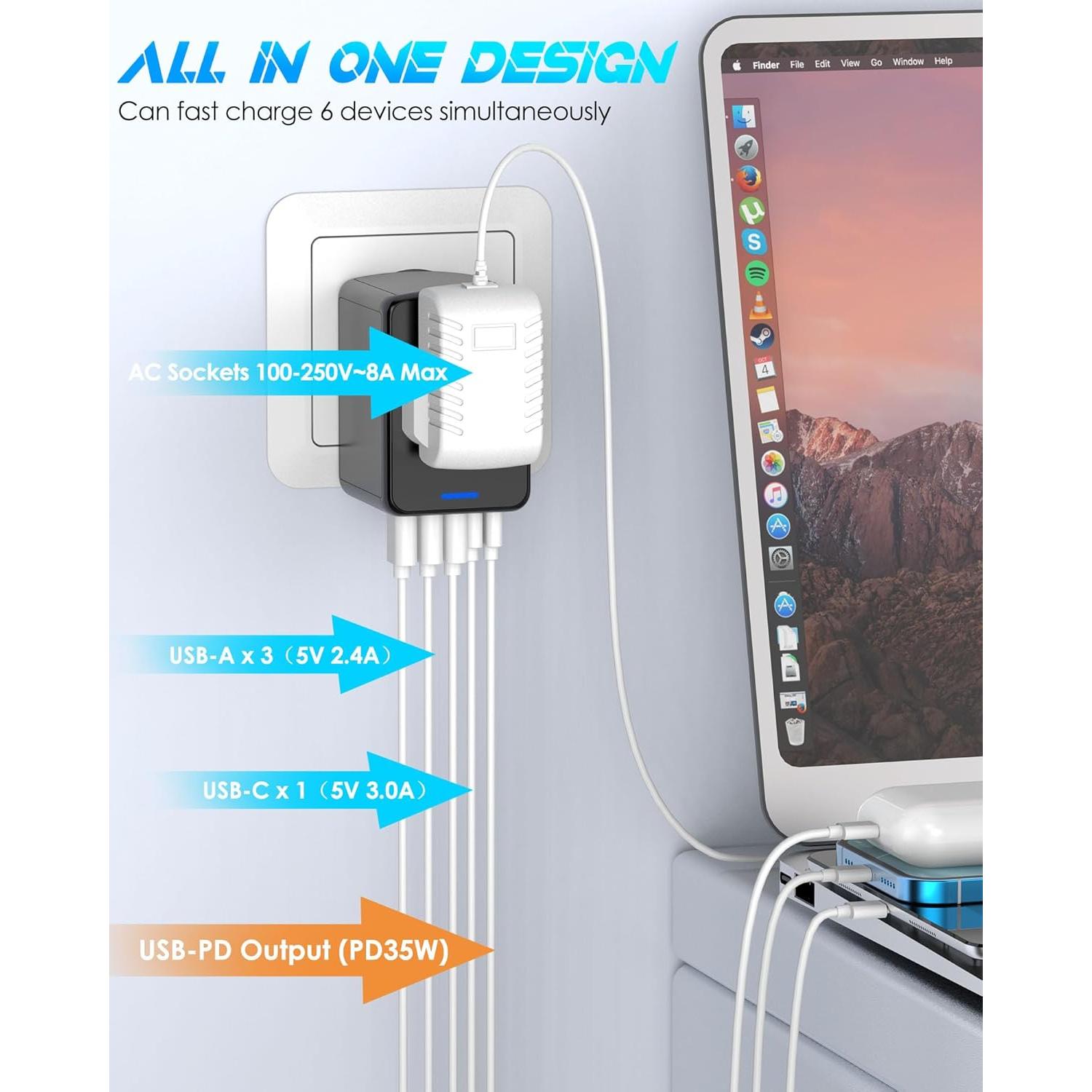 Adaptador de Viaje Universal URJD 35W Carga Rápida 6 Puertos